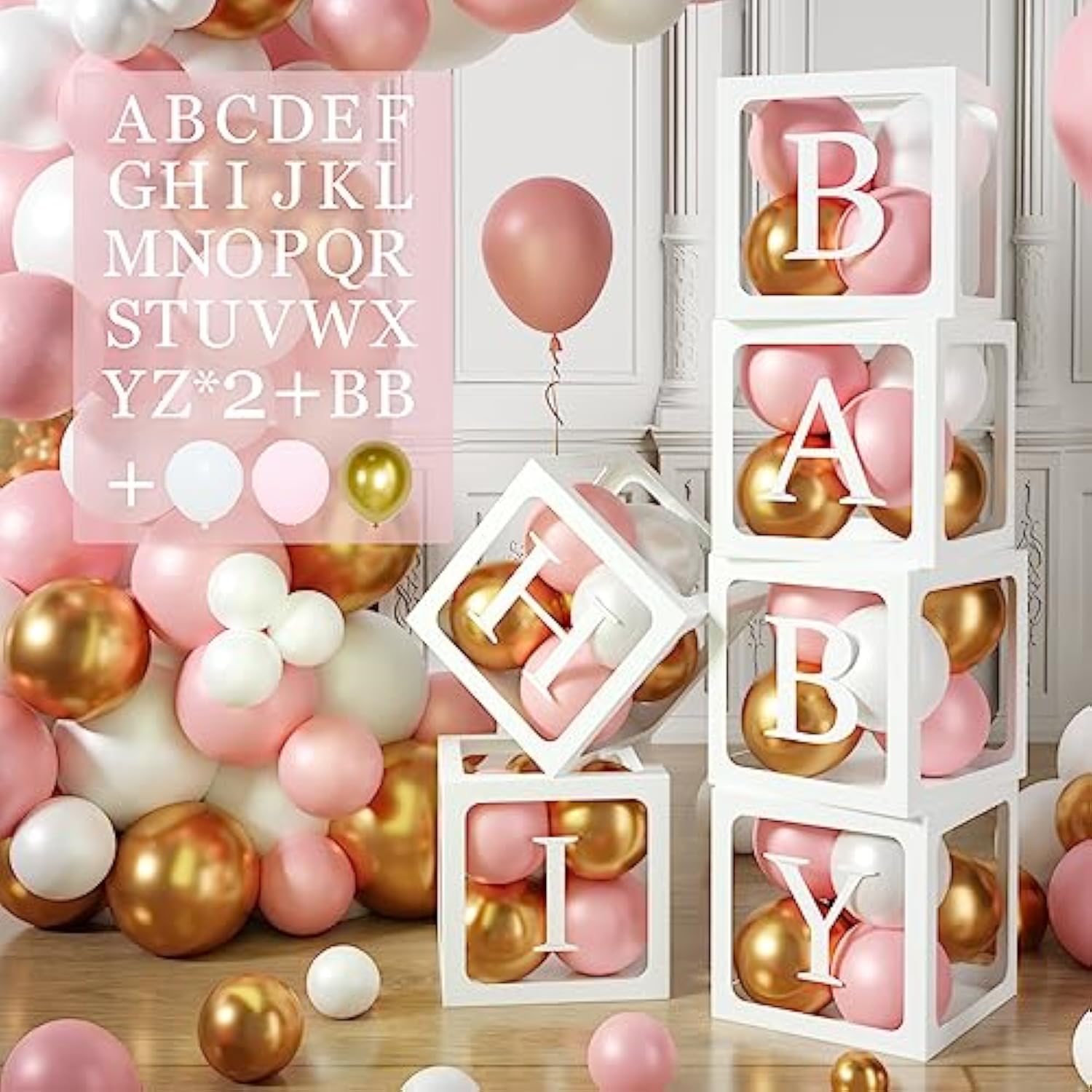 Baby Boxes With Letters For Baby Shower, 6Pcs Transparent Boxes With 2 Set Of A-Z+B Letter And 45Pcs Balloons For Girl Baby Shower Decoration, Birthday Party Block, Bridal Shower Decor Backdrop
