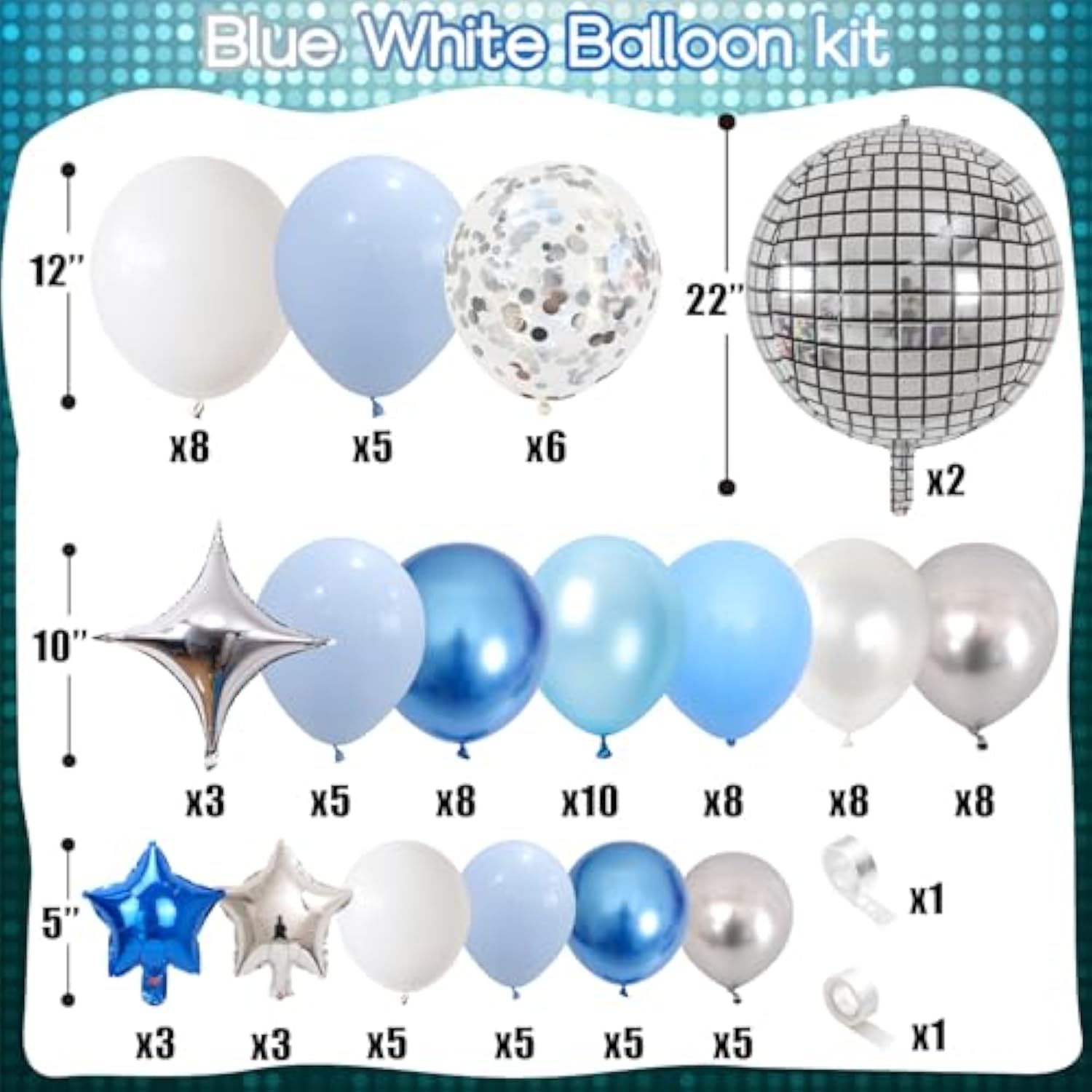 Blue & Silver Disco Balloon Garland Kit – 80s Party Arch with Stars and Confetti Balloons