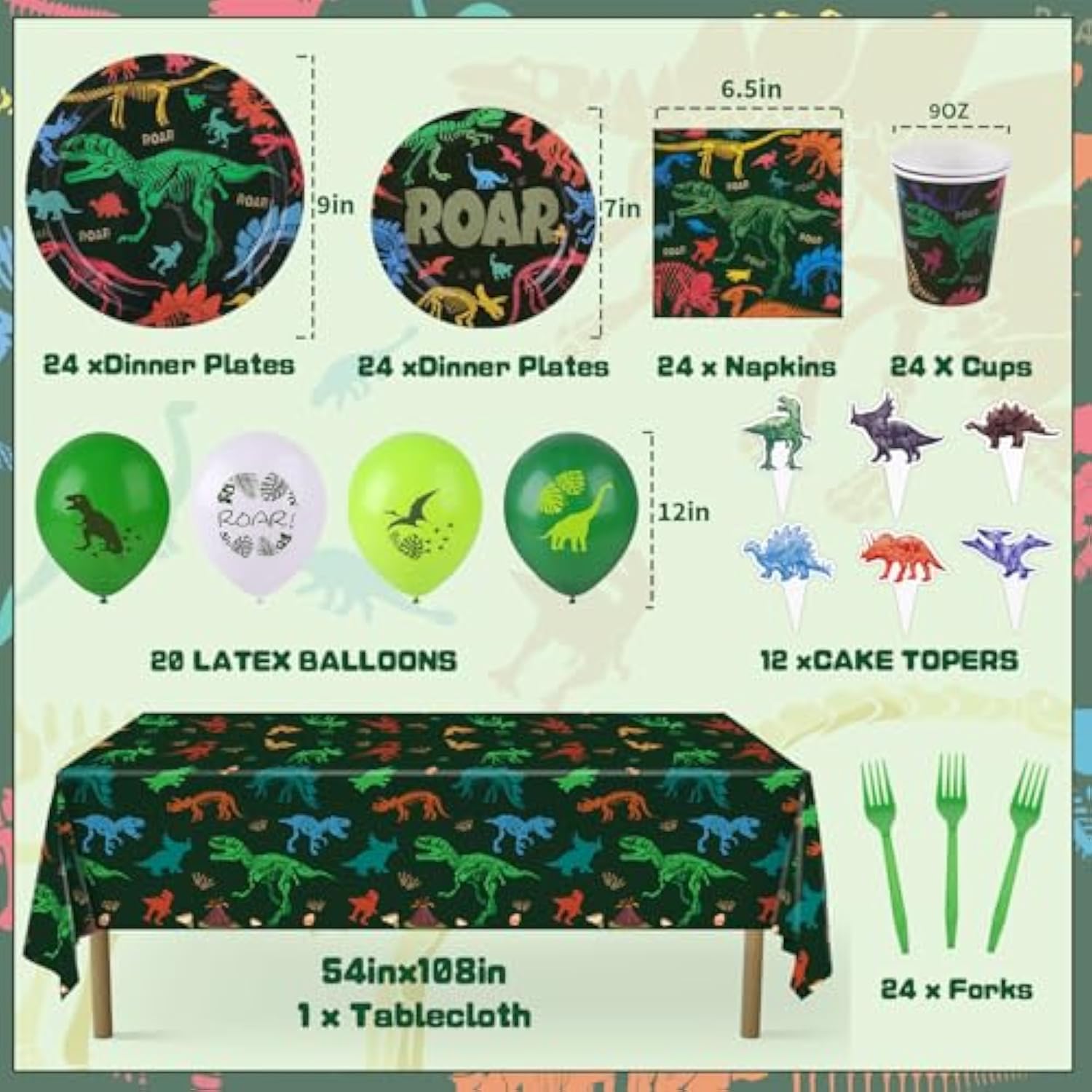 164 Piece Dinosaur Birthday Decorations Kit, 24 Serves Dinosaur Party Decorations With Trex Banner, Plates, Cups, Napkins, Forks, Tablecloth For Dino Themes Party Supplies For Boys
