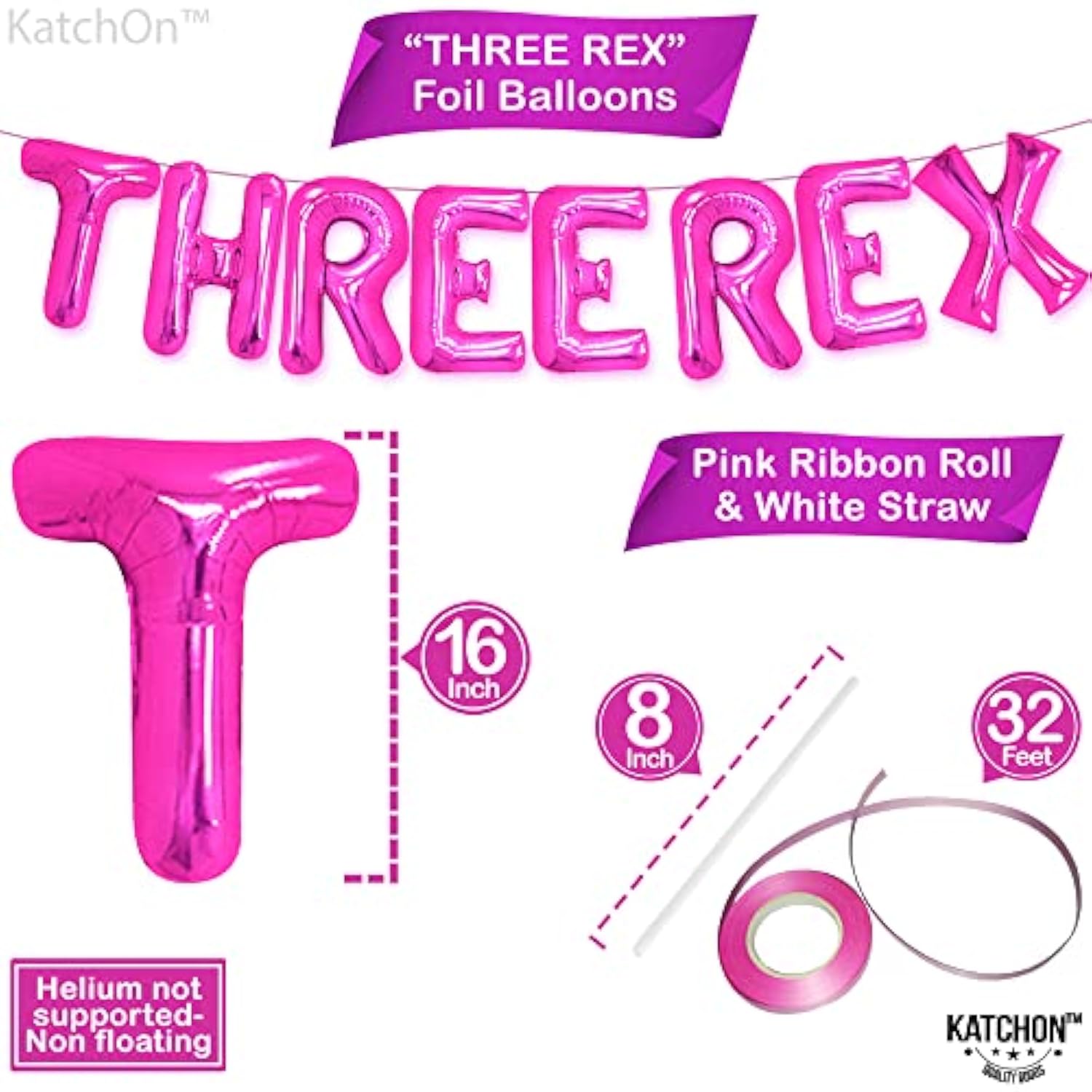 , Pink Foil Three Rex Balloons - 16 Inch | Three Rex Birthday Decorations Girl | Pink Dinosaur Birthday Decorations | Dino Balloon | Dinosaur Balloons For Birthday Party