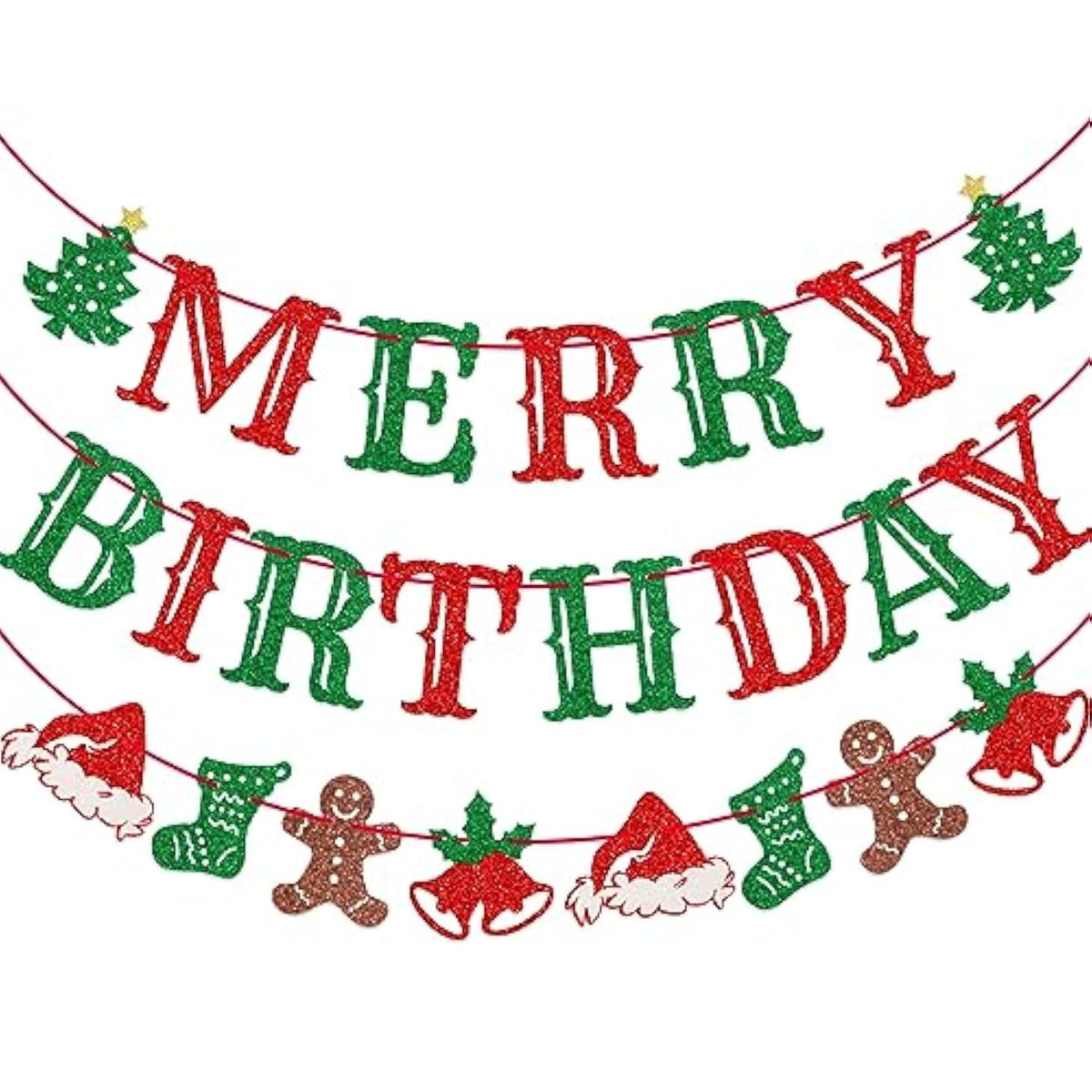 Merry Birthday Banner, Pre-Strung Christmas Birthday Party Decorations, Christmas Party Banner, Red And Green Glitter