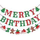Merry Birthday Banner, Pre-Strung Christmas Birthday Party Decorations, Christmas Party Banner, Red And Green Glitter