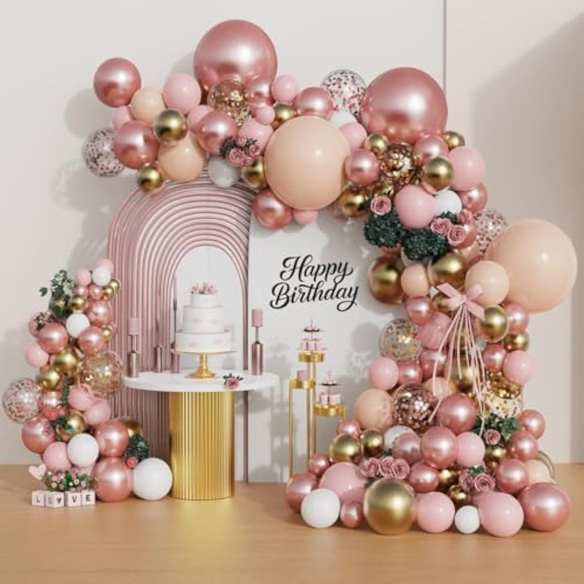 Rose Gold Balloon Arch Kit, 142Pcs Nude Pastel Pink Gold And Rose Gold Matte White Balloons Confetti Balloon Garland Kit For Wedding Bridal Shower Princess Party Girl Birthday Baby Shower Decorations