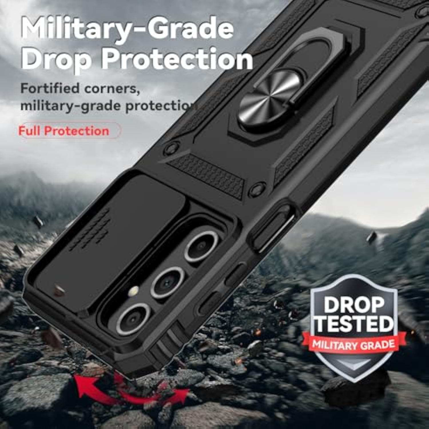 For Samsung Galaxy A16 5G Case With Slide Camera Cover Hd Screen Protector [Military Grade 16Ft. Drop Tested] Magnetic Ring Holder Kickstand Protective Phone Case For Galaxy A16 5G 2025, Black