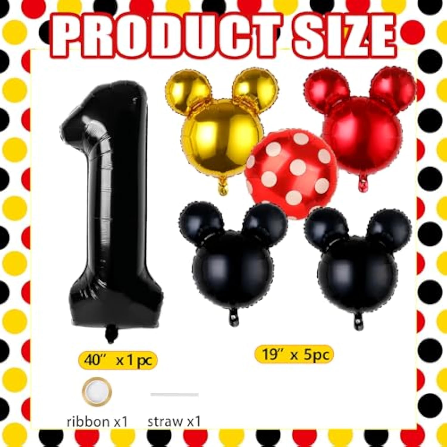 6 Pc Mouse 1st Birthday Decorations 40" Black ONE Foil Balloon for Baby Party