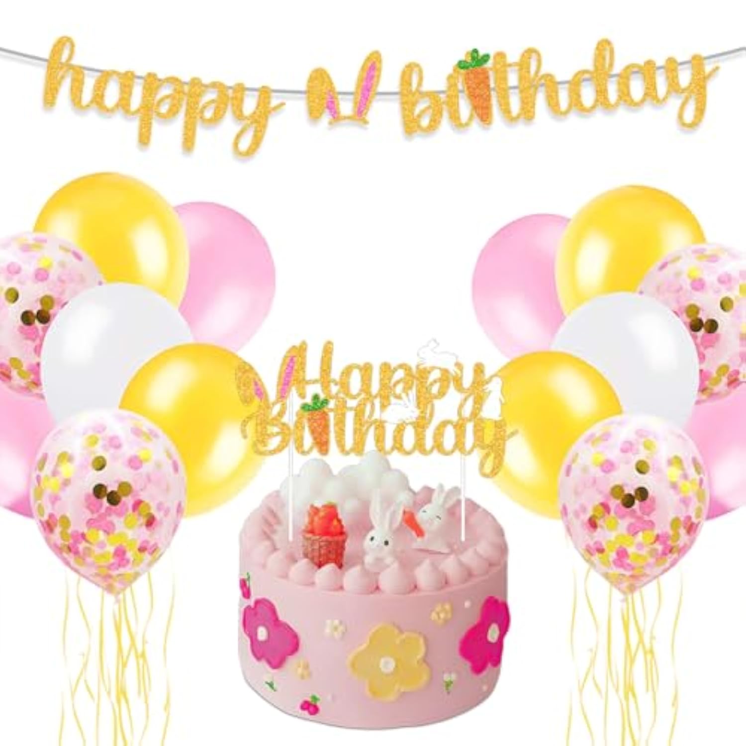 Bunny Birthday Decorations Easter Bday Kit Rabbit Theme Happy Birthday Banner Cake Topper Pink Gold White Latex Balloons For Children Girl 1St 2Nd Bday Happy Easter Festival