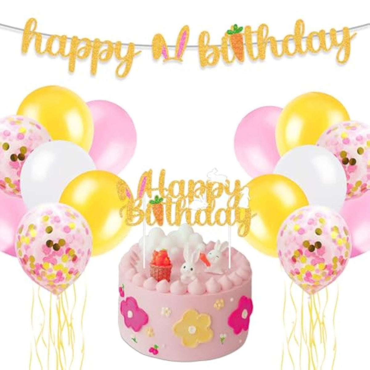 Bunny Birthday Decorations Easter Bday Kit Rabbit Theme Happy Birthday Banner Cake Topper Pink Gold White Latex Balloons For Children Girl 1St 2Nd Bday Happy Easter Festival