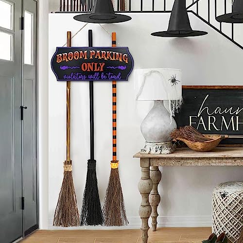 Halloween Decorations - Broom Parking Sign with 3 Wooden Witches Brooms