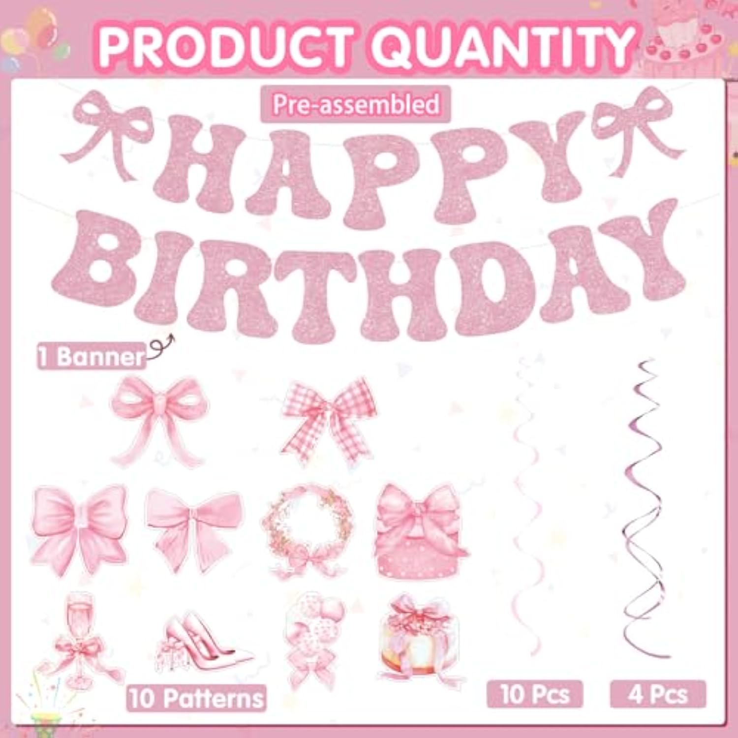Pink Bow Birthday Decorations: Glitter Banner & Swirls (25 Pcs)
