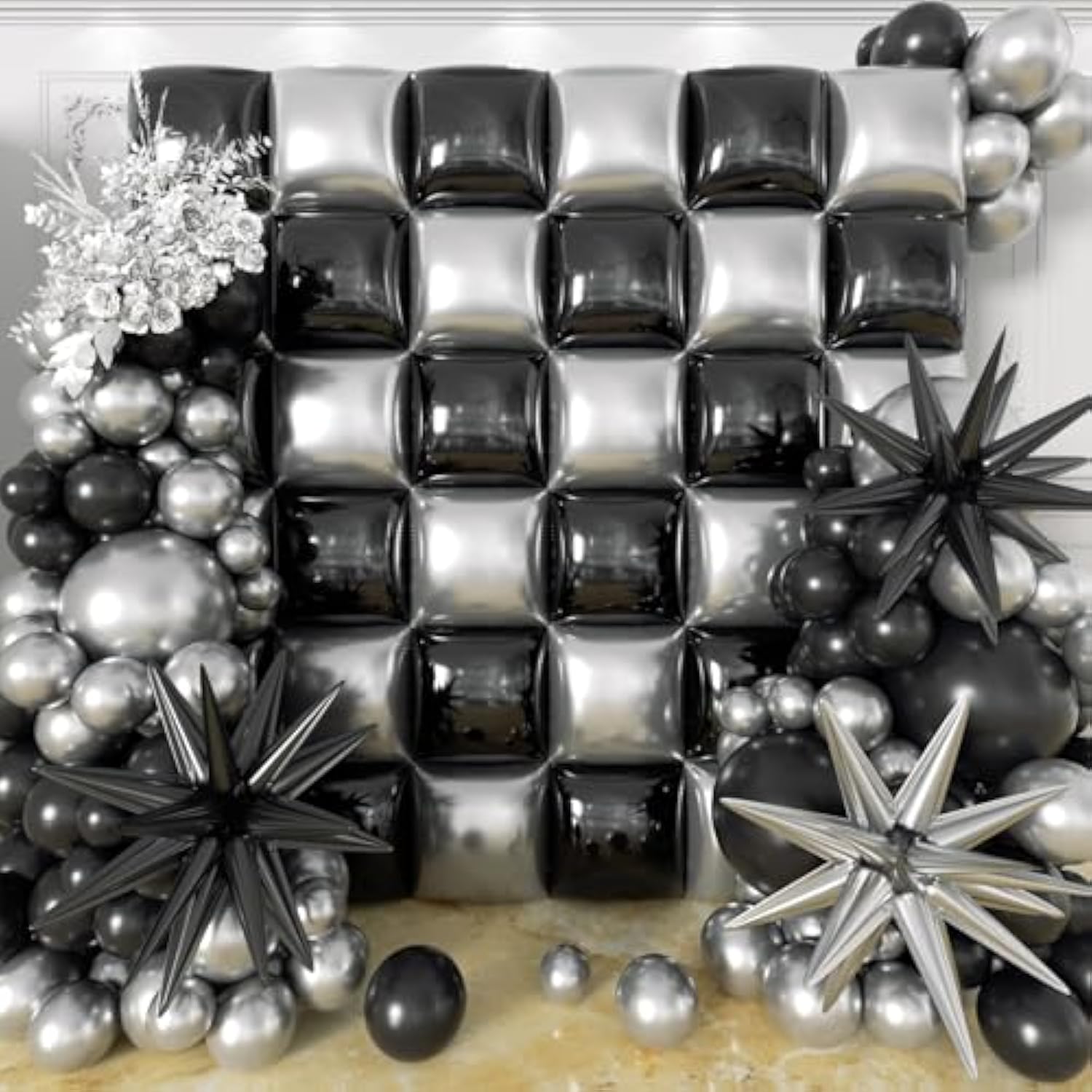 36Pcs Black And Silver Square Foil Balloons Wall Backdrop With 147Pcs Balloon Garland Arch Kit, Double Sided Balloons For Birthday Anniversary New Year Graduation Prom Party Decorations