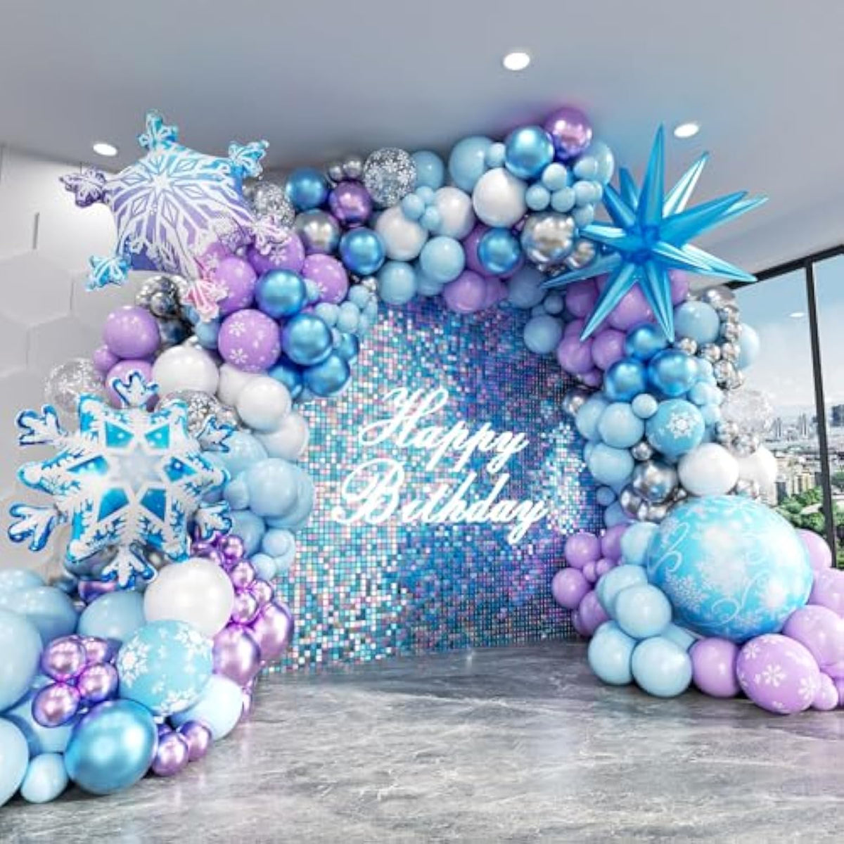 Frozen Winter Balloon Arch Kit – 164Pcs Blue, Purple & Snowflake Balloons for Parties