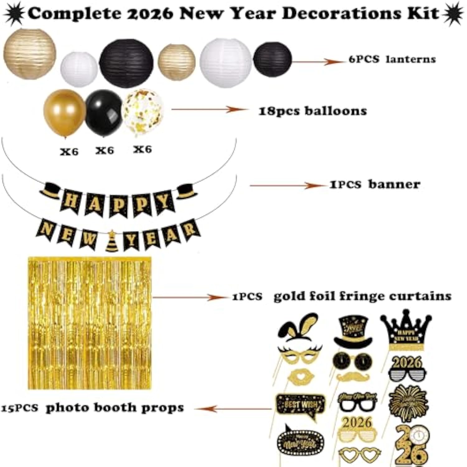 2026 New Year Party Kit in Gold, Black, and White with Banner, Balloons, and Props