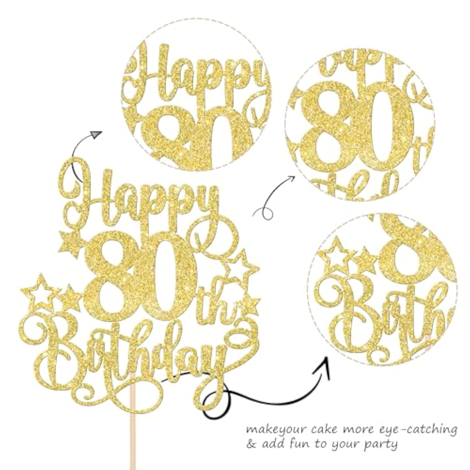 Happy 80th Birthday Cake Topper Glitter Gold Cheers to 80 Party Decor
