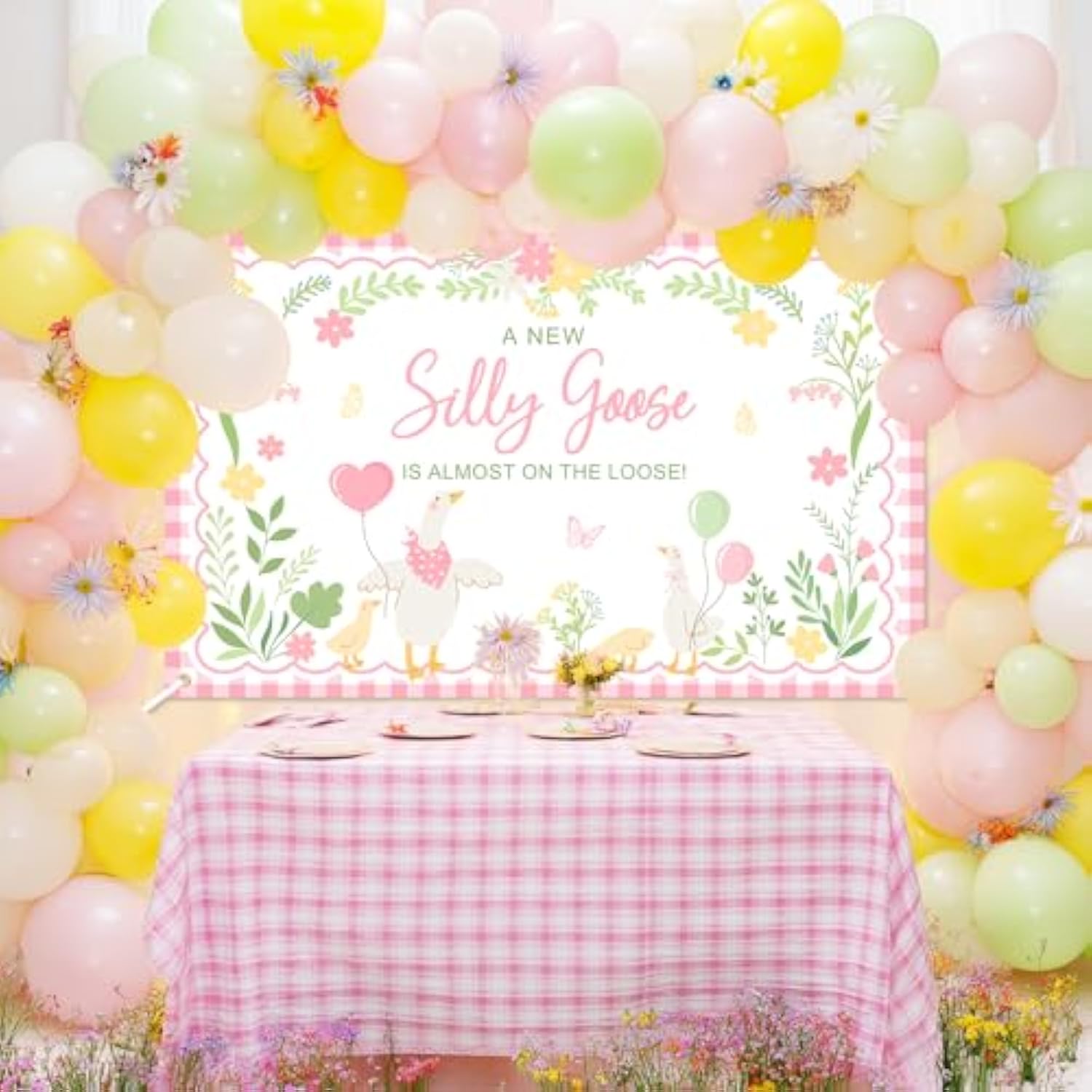 Goose Baby Shower Banner A New Silly Goose Is Almost On The Loose Backdrop Plaid Floral Silly Goose Baby Shower Decorations Little Duck Theme Gender Reveal Banner Party Supplies (Pink, 6X3.6Ft)
