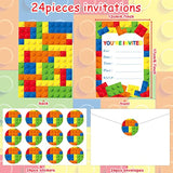 Children Boys Birthday Party Invitations Building Blocks Party Supplies, Stacking Block Bricks Invitation Cards Set With Sticker Labels Envelopes Birthday Decorations For 24 Guests