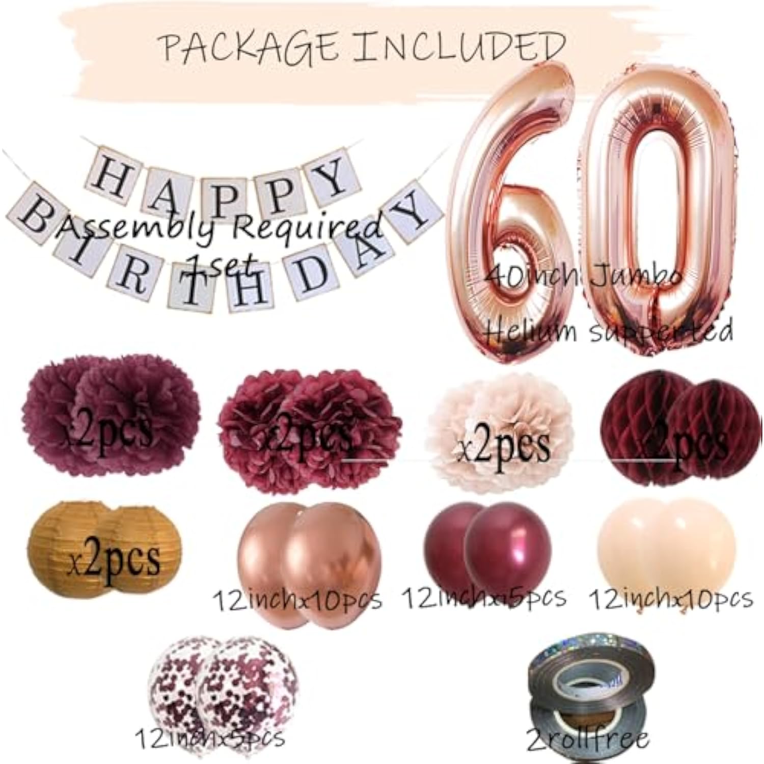 60th Birthday Decorations for Women – Rose Gold, Burgundy & Champagne Party Decor Set