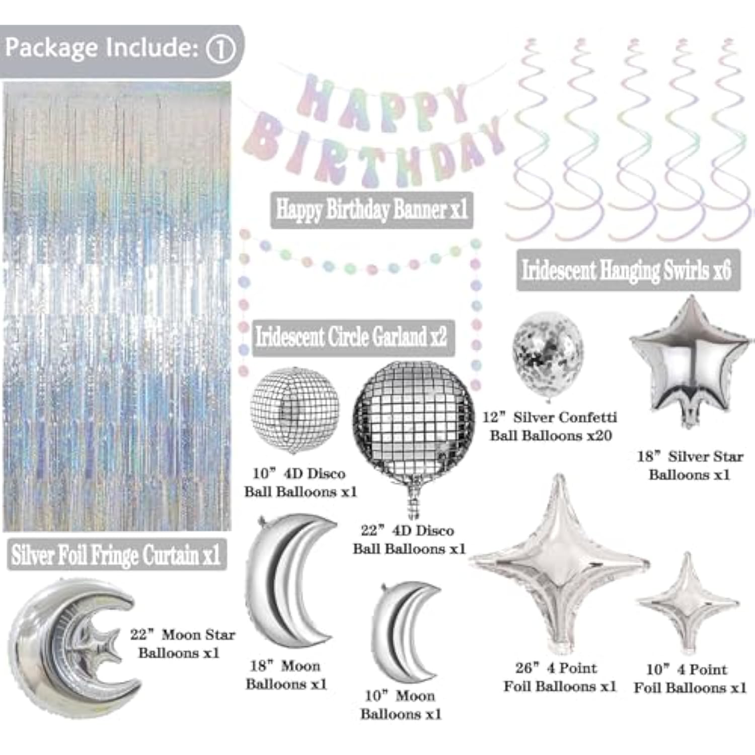 Disco Party Decorations, Iridescent Happy Birthday Banner Cute Foil Birthday Sign Hanging Streamer Balloon For 60S 70S 80S Women Men Cool Retro Boogie Disco Dancing Bachelorette Indoor Home Decor