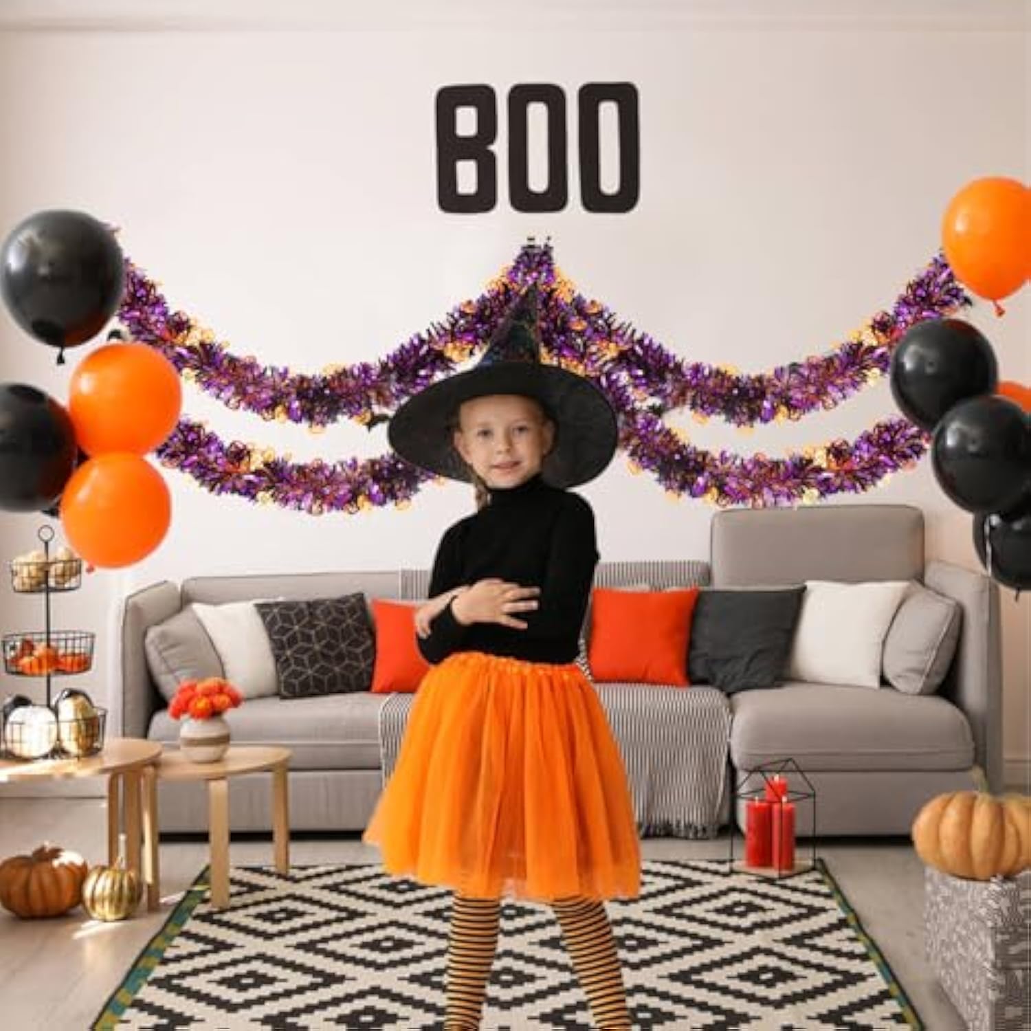 33Ft Halloween Tinsel Garland, Pumpkin Metallic Twist Foil Tinsel Garland Pumpkin Shiny Hanging Decorations For Halloween Party Decoration Supply