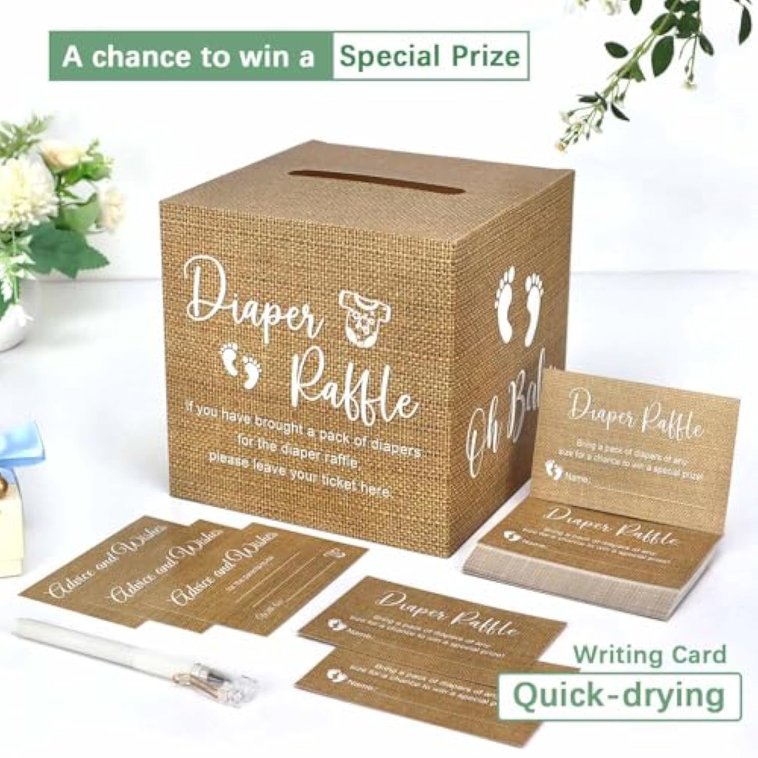 51Pcs Burlap Print Diaper Raffle Tickets With Box Baby Shower Games, Neutral Kraft Diaper Raffle Cards Box Baby Shower Decorations For Boy Girl