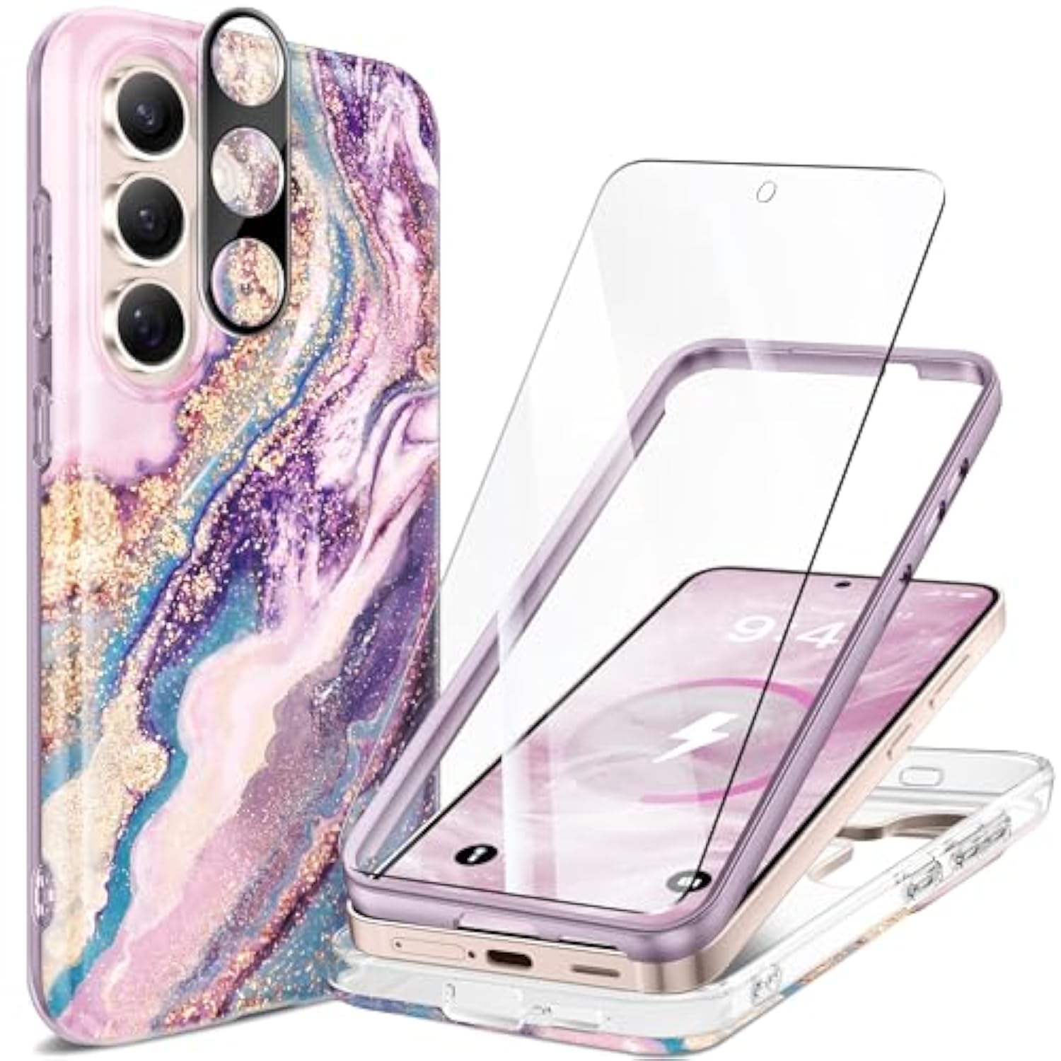 Magnetic For Samsung Galaxy S25 Plus Case [Compatible With Magsafe] [Ai-Tested Dropproof] Marble With Camera Lens+Screen Protector Shockproof Phone Cover For S25+ Plus (Dreamland River/Pink)