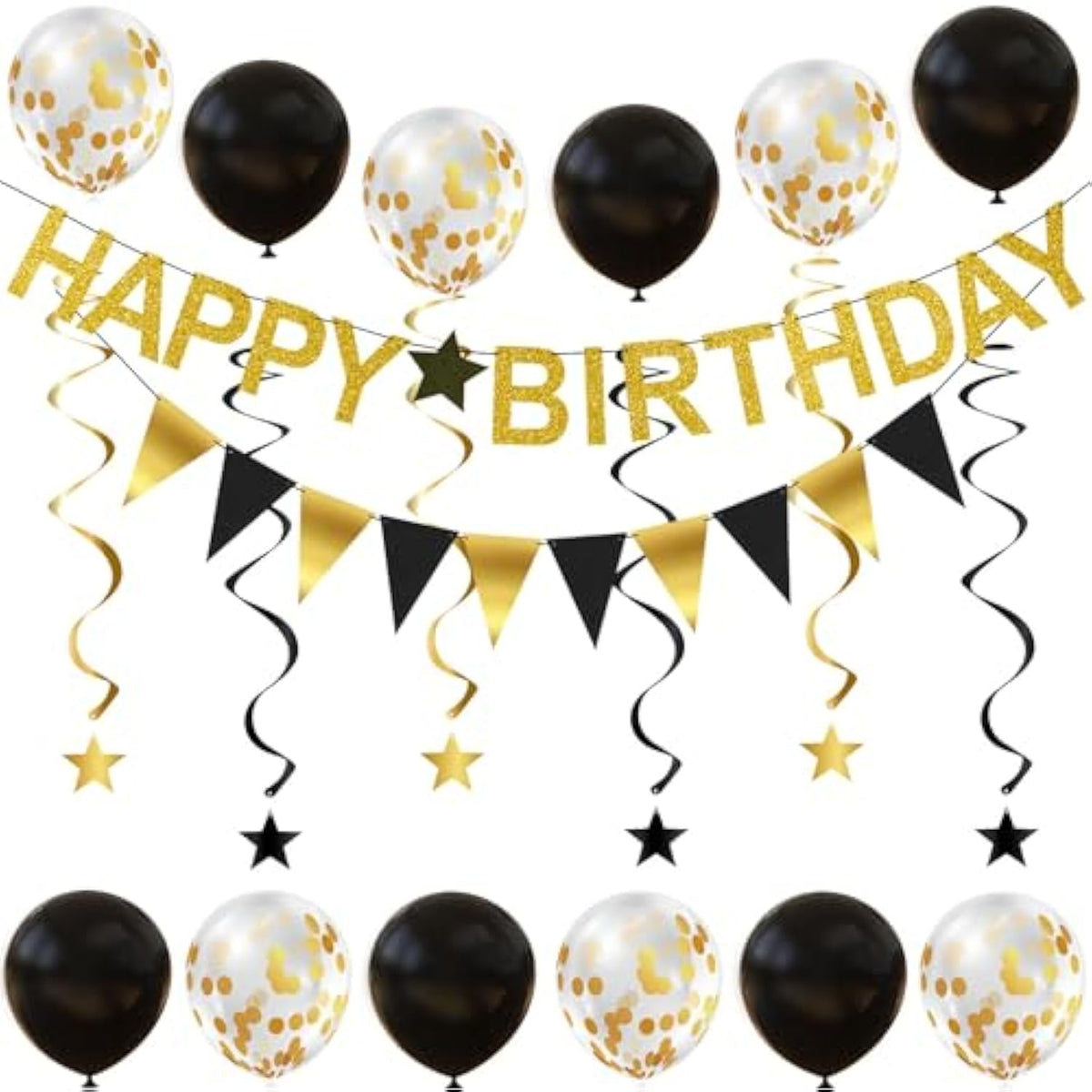 20pcs Gold Happy Birthday Banner Set with Garland, Balloons & Hanging Swirls Decor