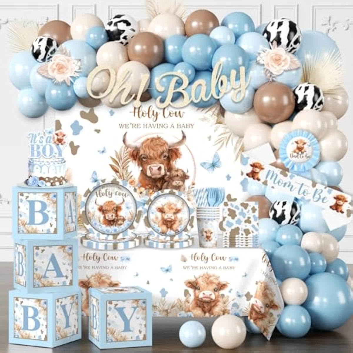 241Pcs Highland Cow Baby Shower Decorations For Boy, One-Stop Package Includes 40 Plates 2 Tablecloths 1 Sash And 1 Pin, Complete Balloon Arch Tableware Set For Baby Shower