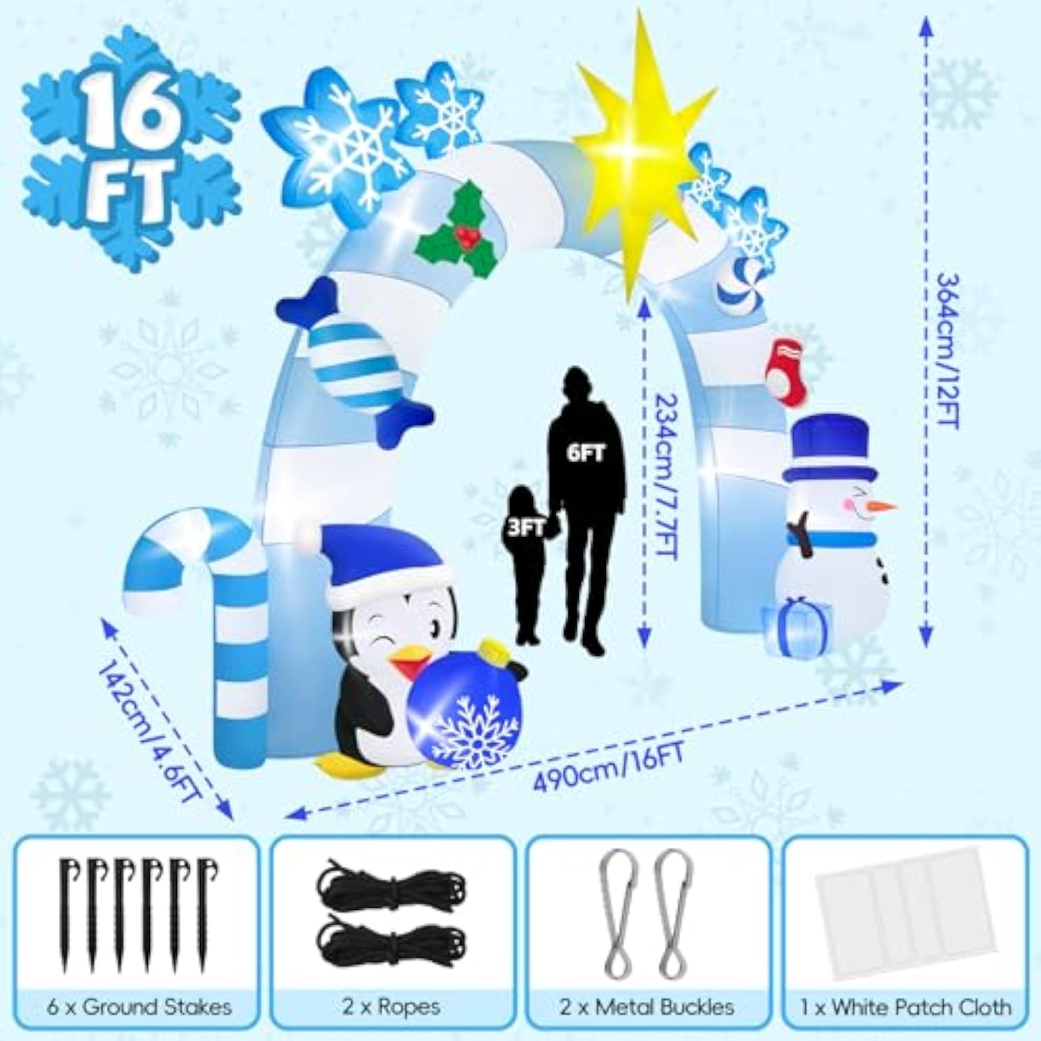 16Ft Christmas Inflatable Archway With Led Light, Blue Winter Snowman Penguins Inflatable Merry Christmas Blow Up Outdoo