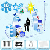 16Ft Christmas Inflatable Archway With Led Light, Blue Winter Snowman Penguins Inflatable Merry Christmas Blow Up Outdoo