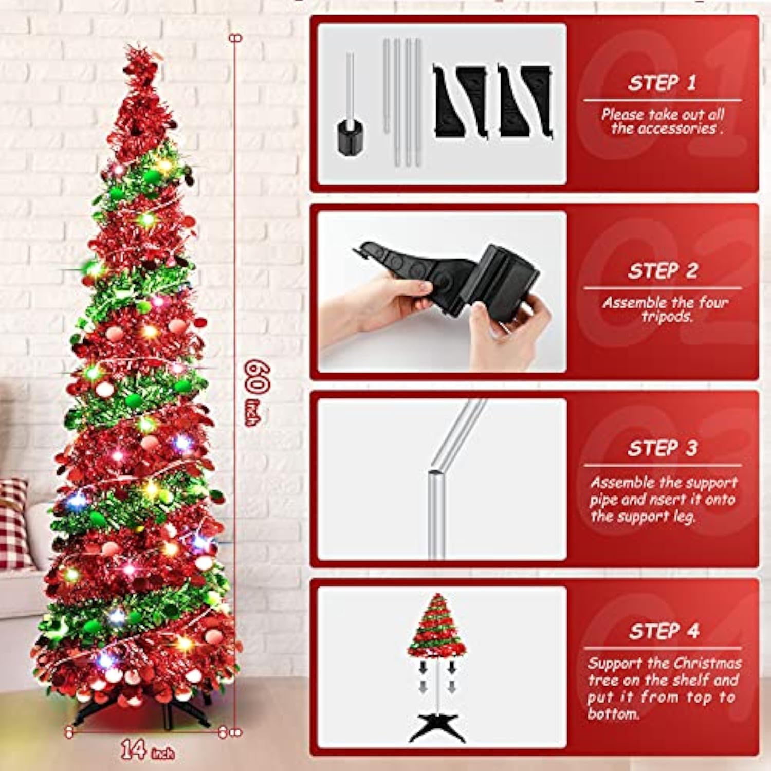 5 Ft Collapsible Sequin Pop Up Christmas Tree With 90 Led Lights, Skinny Pencil Tinsel Xmas Tree With Stand For Apartments