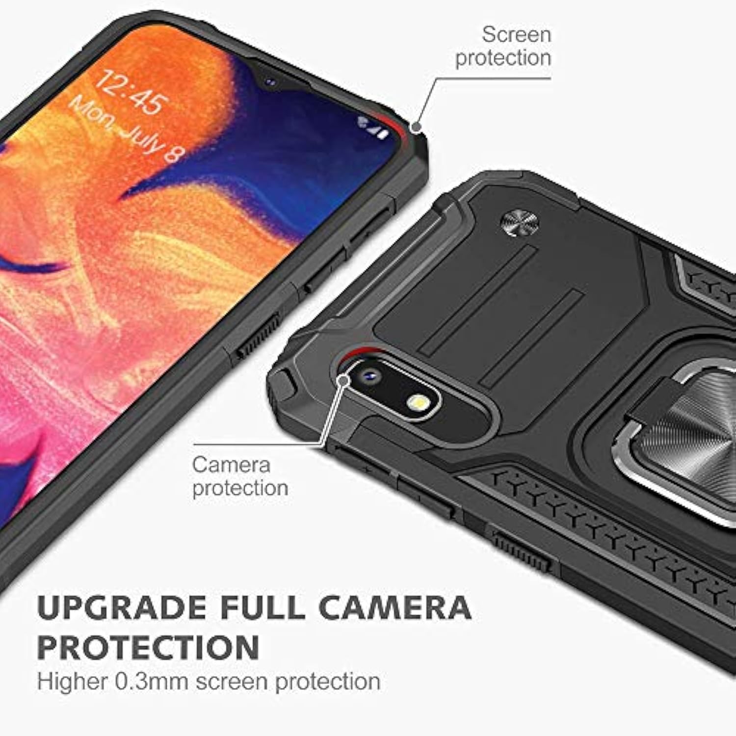 Samsung Galaxy A10E Case, Samsung A10E Case, With Tempered Glass Screen Protector, Hard Rubber Bumper With 360° Rotation Ring Kickstand Cases For Samsung Galaxy A10E (Black)