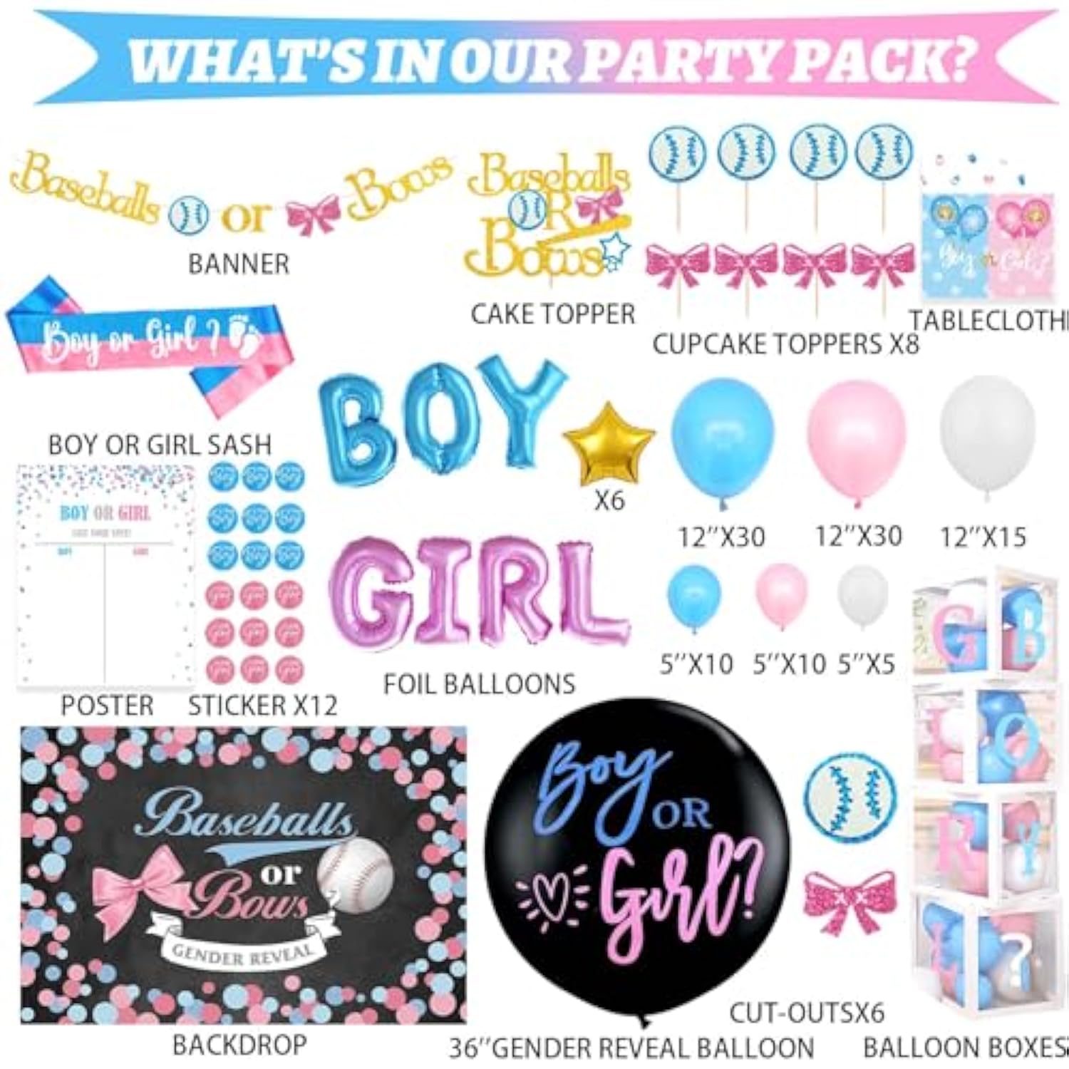 Baseball Or Bows Gender Reveal Decorations, 171 Pcs Boy Or Girl Gender Reveal Decorations Backdrop Balloon Garland Banner Tablecloth Cake Cupcake Topper Box Cutout Poster Sash Pink Blue
