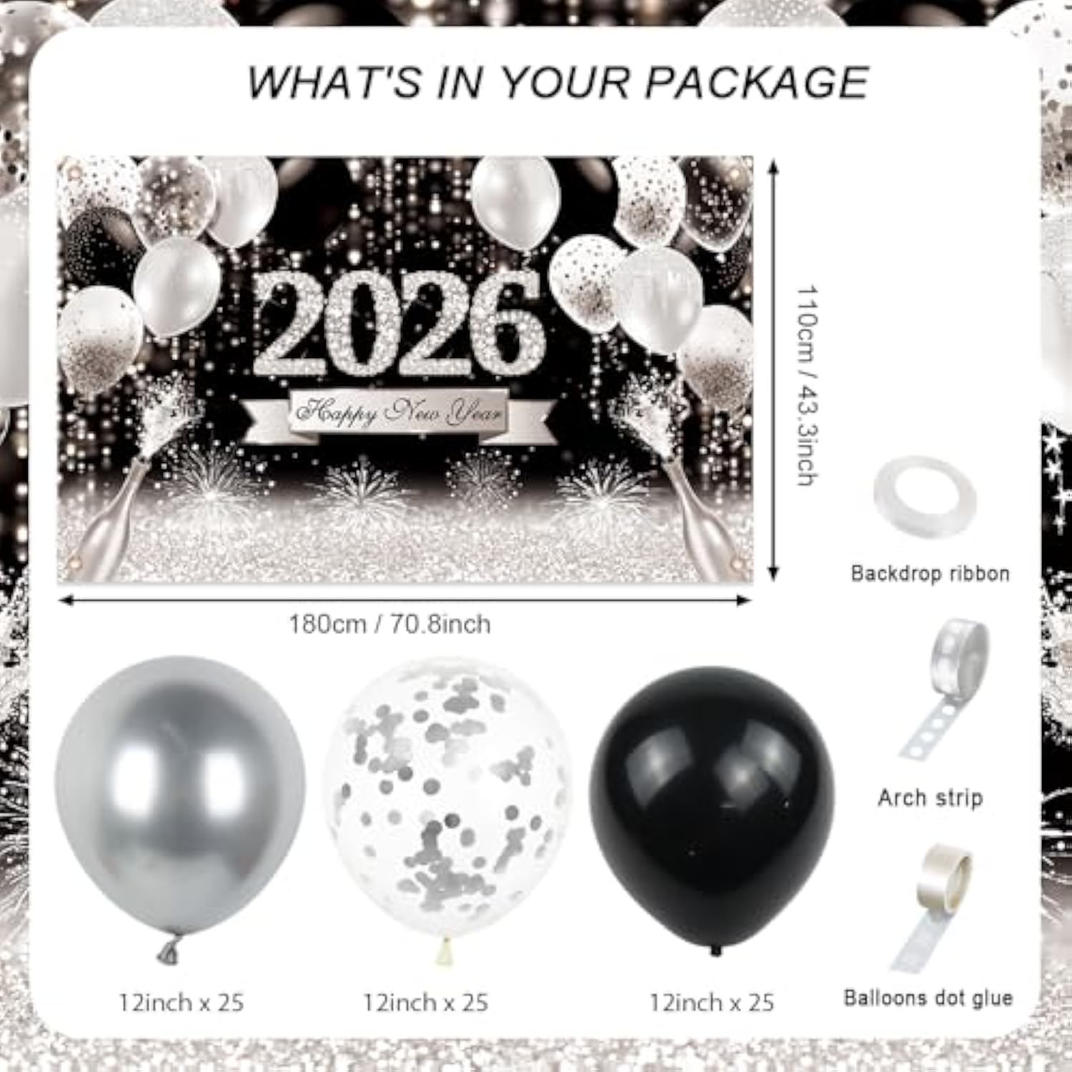 79 Pcs Black Silver Happy New Year 2026 Party Decoration Kit