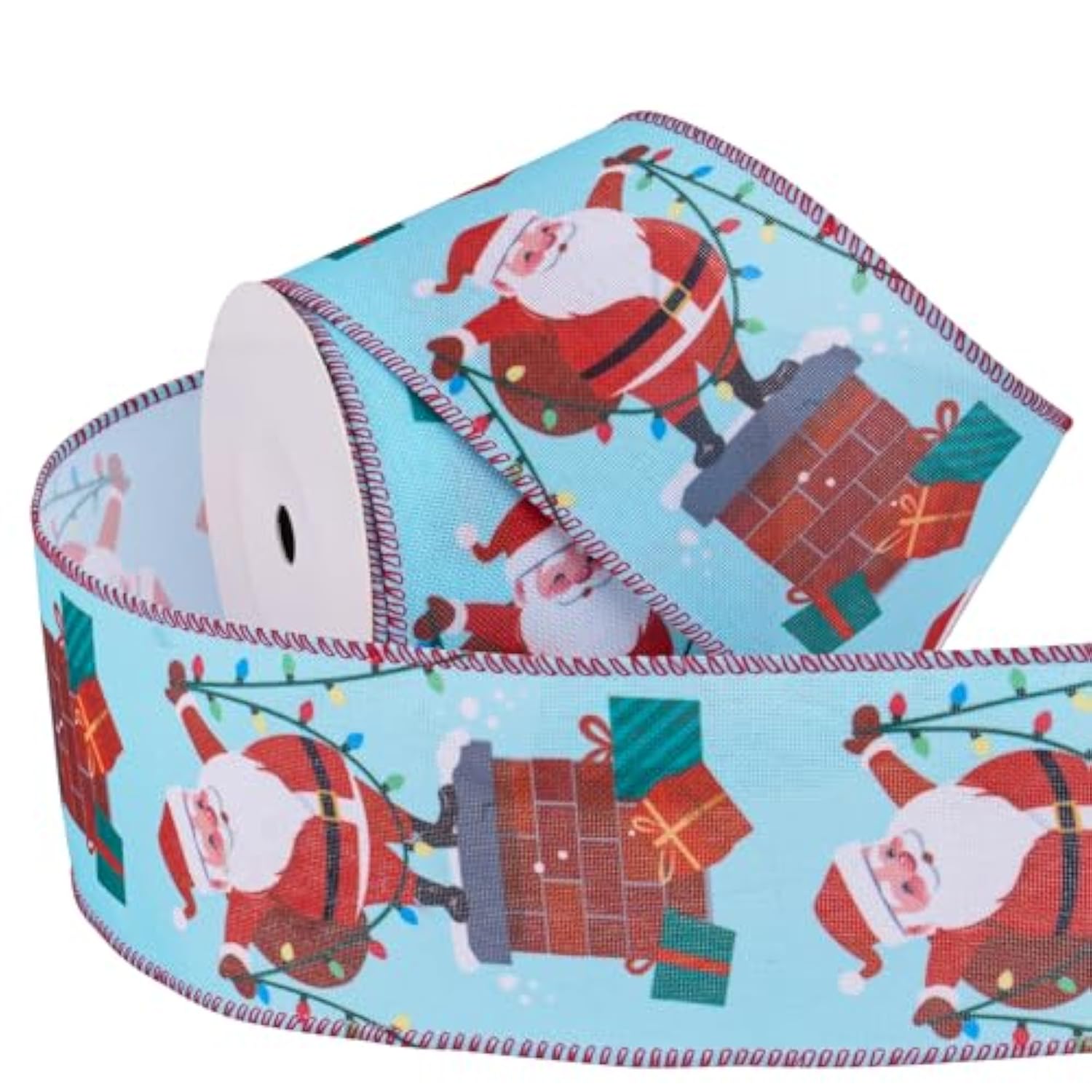 Wired Christmas Holiday Ribbon - Santa Claus Stand On Chimney Ribbon With Wired Edge - 2.5 Inch X 5 Yard Each Roll