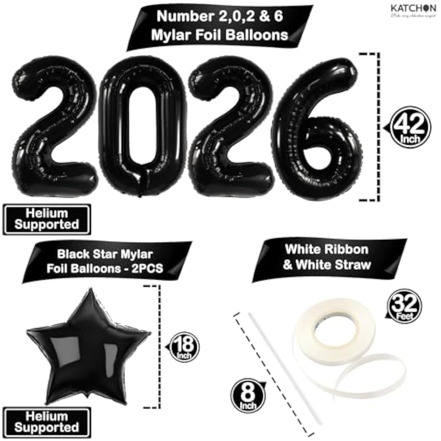 42-Inch Giant Black 2026 Number Balloons Bold NYE Party Decorations