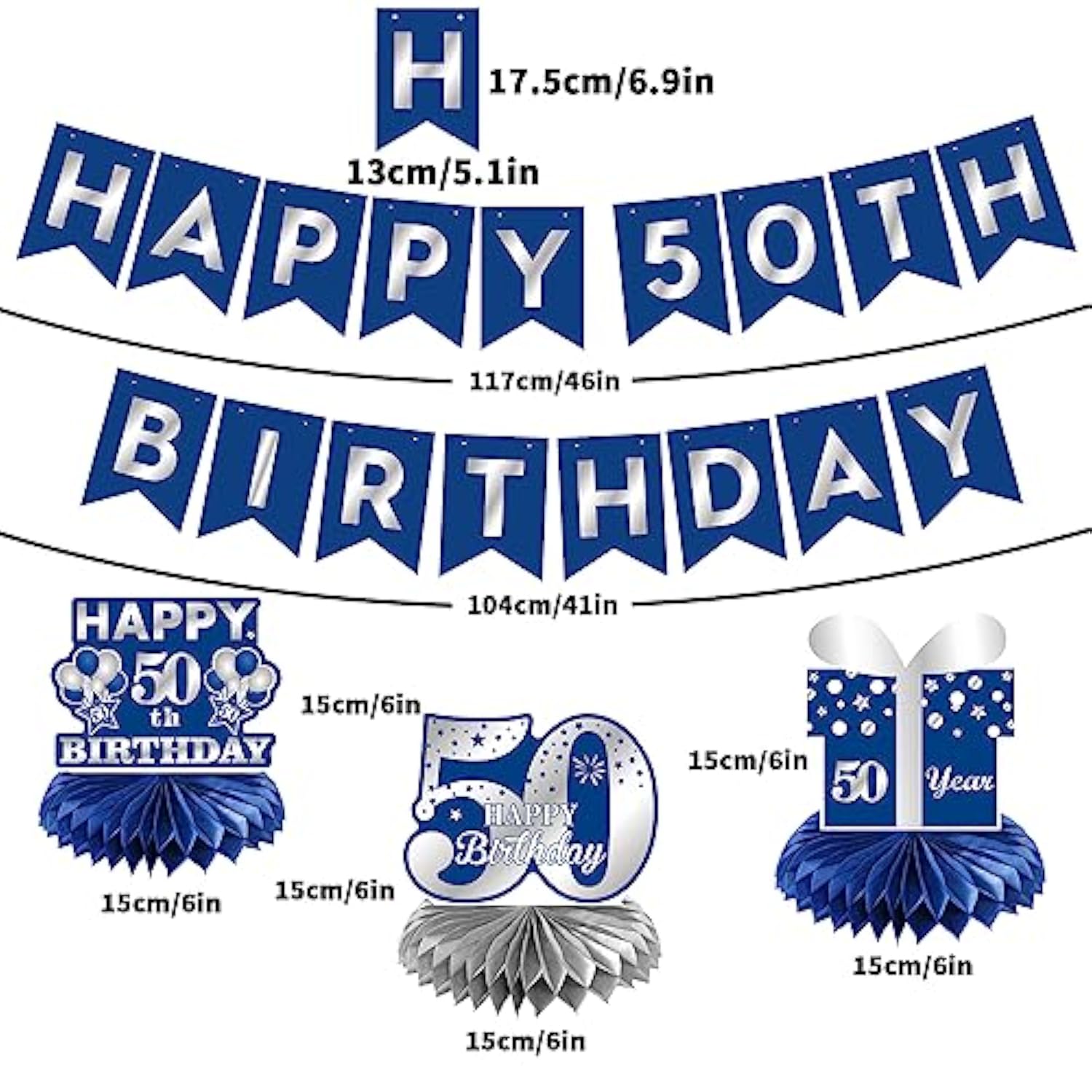 Blue & Silver 50th Birthday Decorations Set with Swirls, Banner & Centerpieces