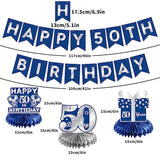 Blue & Silver 50th Birthday Decorations Set with Swirls, Banner & Centerpieces