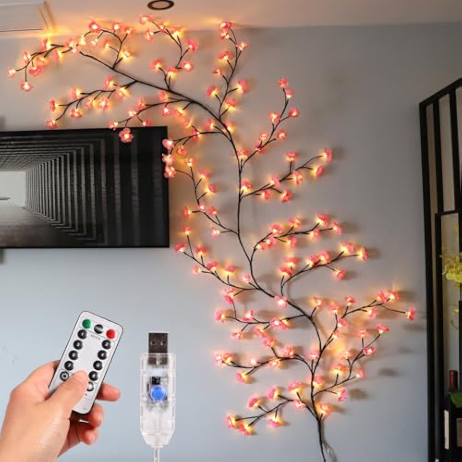 Cherry Blossom Lights, Pink Cherry Blossom Tree Branches Flower Led Lights For Walls Christmas Fireplace Mantle Indoor D