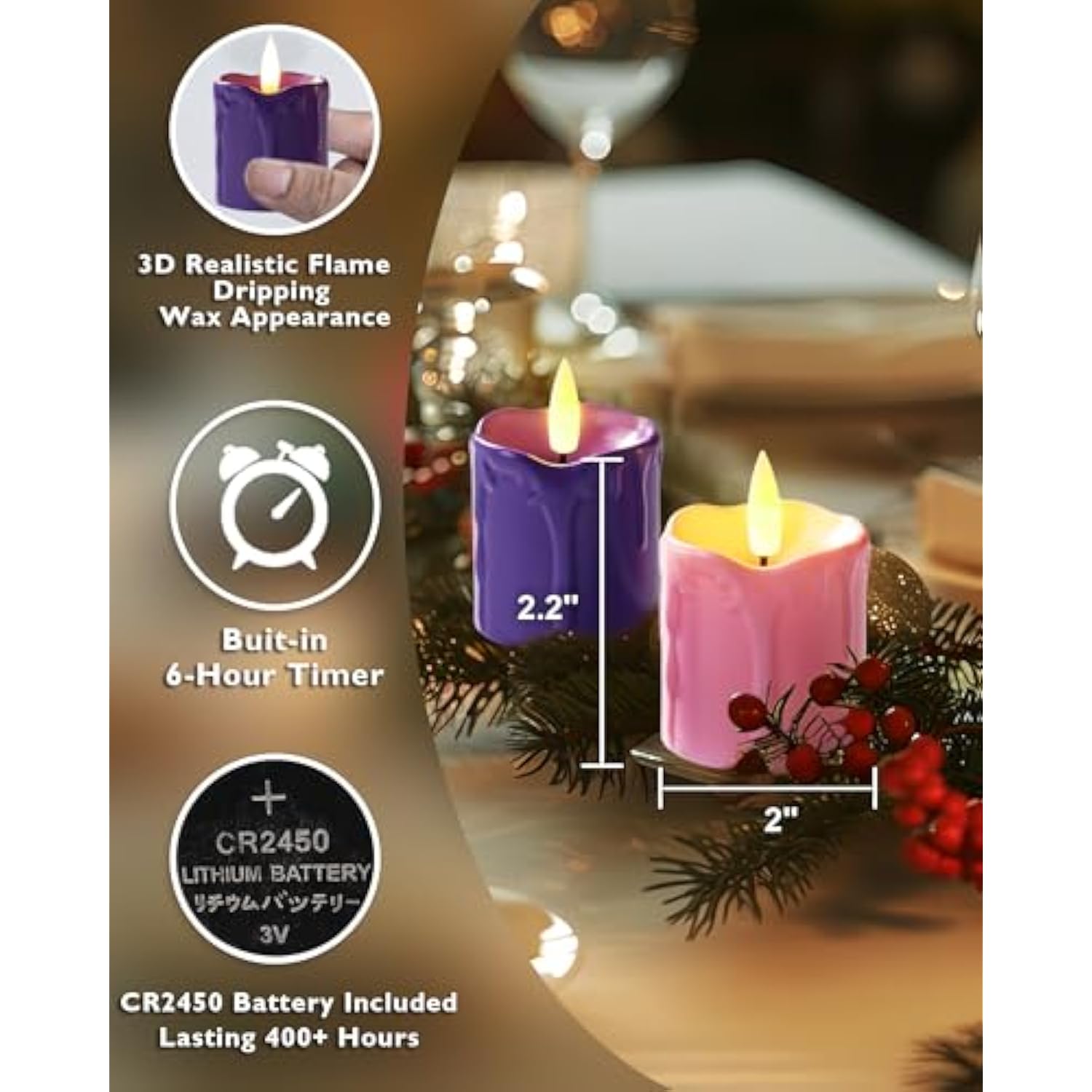 Purple And Pink Advent Candles Set Of 4, 400+ Hours Long Lasting Flickering Flameless Led Votive Candles With Timer, 2" X 2" Melted Candles For Christmas Advent Rituals And Wreath