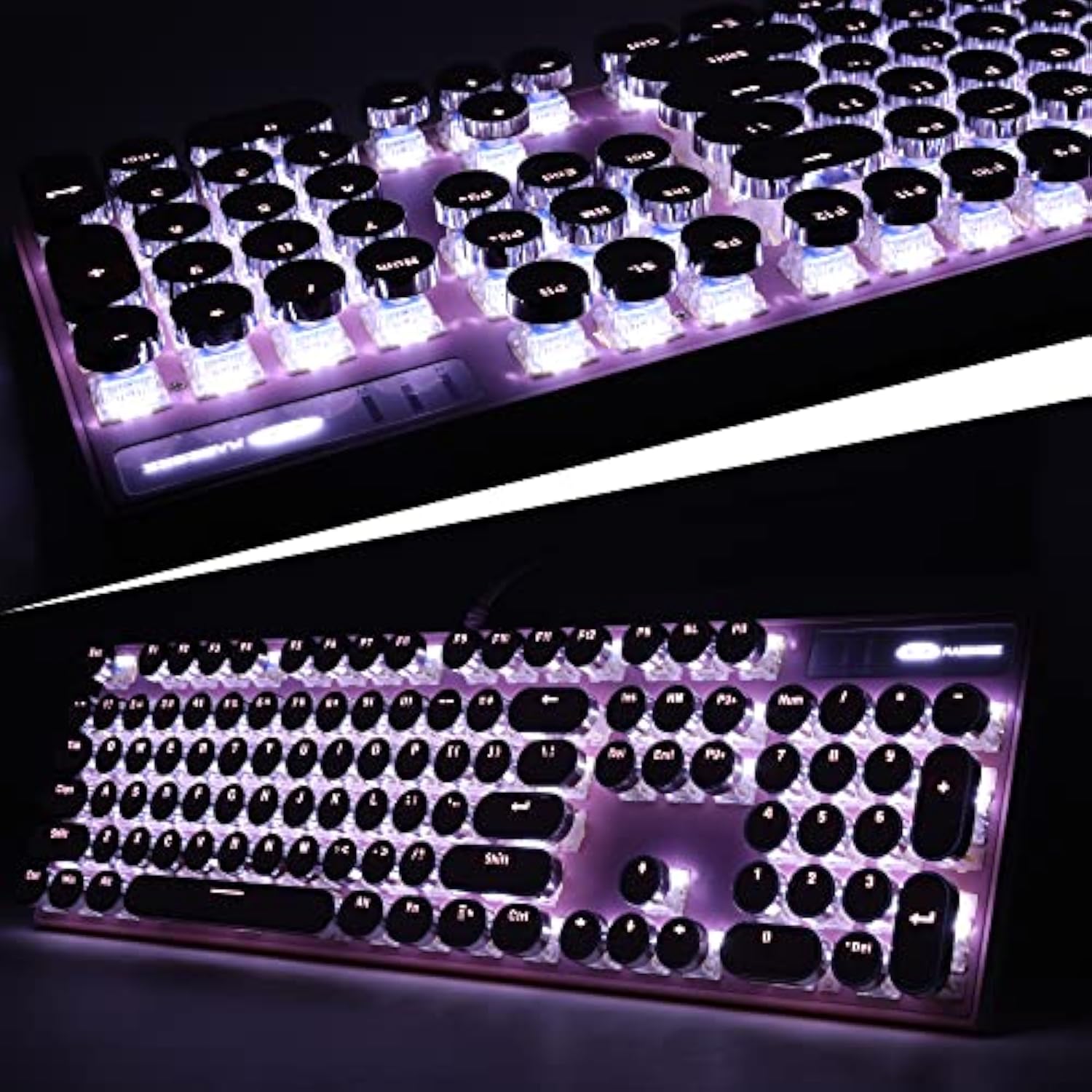 Typewriter Style Mechanical Gaming Keyboard, Pink Retro Punk Gaming Keyboard With White Backlit, 104 Keys Blue Switch Wired Cute Keyboards, Round Keycaps For Windows/Mac/Pc
