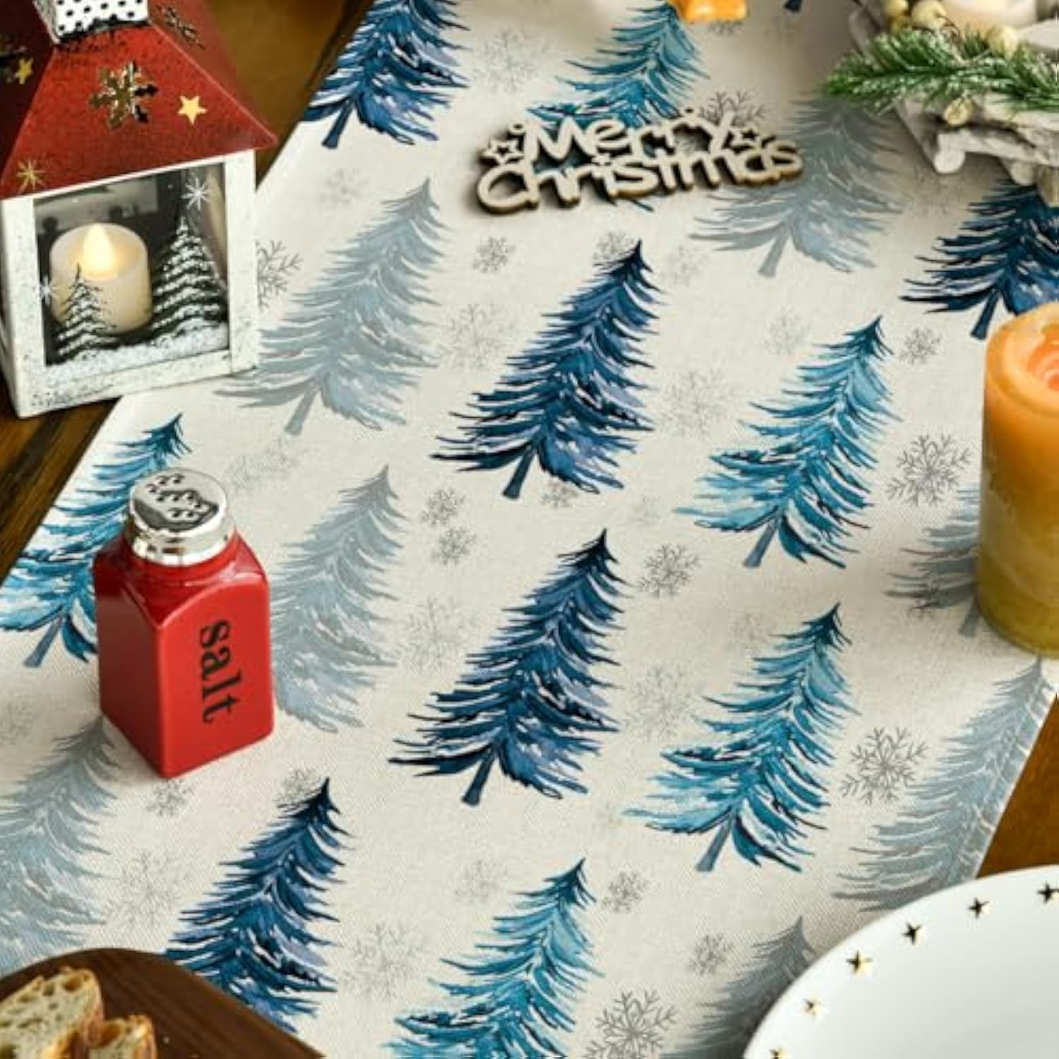Xmas Trees Snowflake Christmas Table Runner, Seasonal Winter Blue Kitchen Dining Table Decoration For Home Party Decor 13X72 Inch
