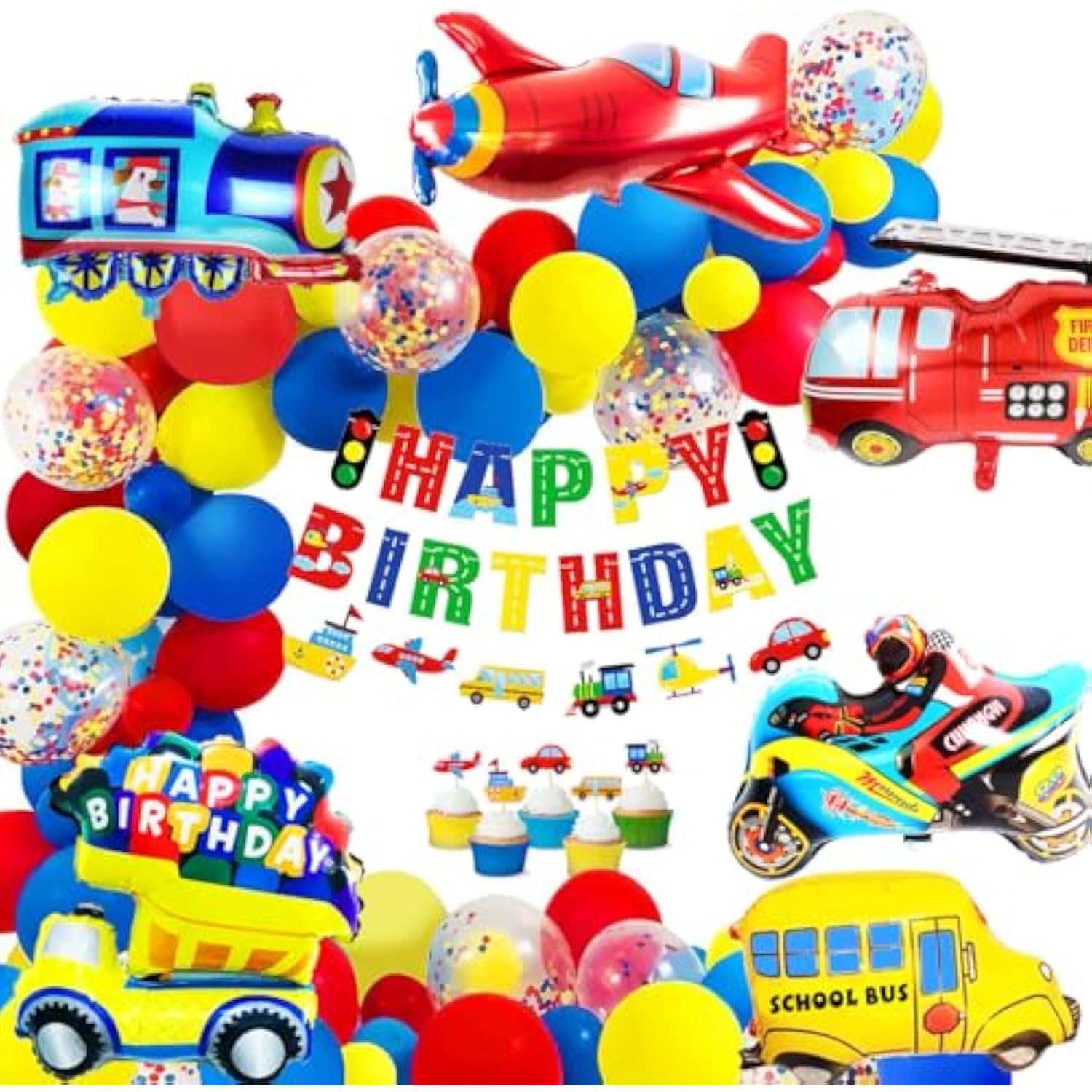 Transportation Birthday Decorations for Boys – Vehicle Banner, Foil Balloons & Cake Topper Set