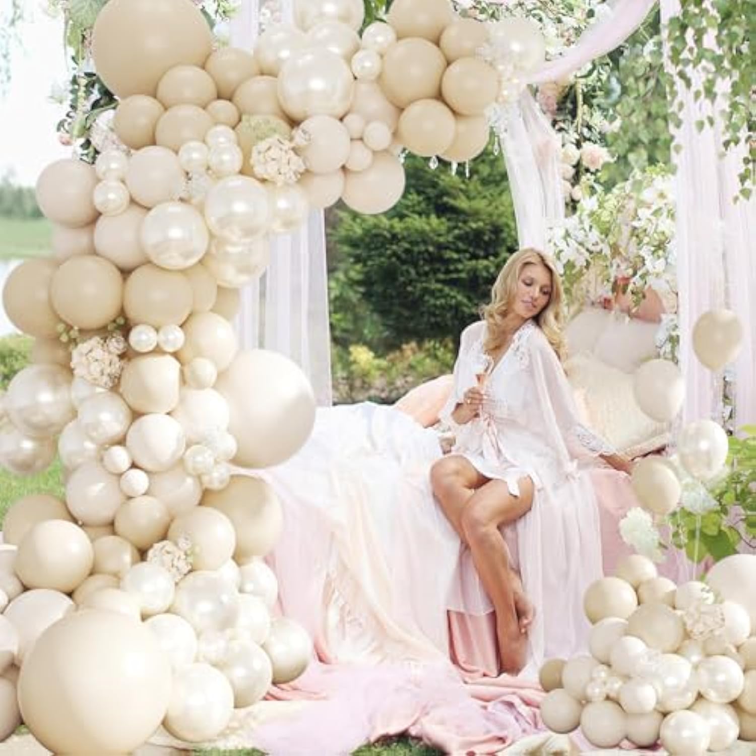 Pearl White Balloon Garland Arch Kit 177Pcs Pink Bow Long Balloons Sand White Balloons Different Size For Wedding Bridal Coquette Birthday Baby Shower Engagement Bachelorette Party Decorations