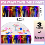 3 Pack Rainbow Foil Fringe Table Skirts Metallic Tinsel Streamers Garland Banner Backdrop For Table Decor, Parade Float, Birthday, Wedding, Halloween, Christmas Party Decorations(29X108 In)