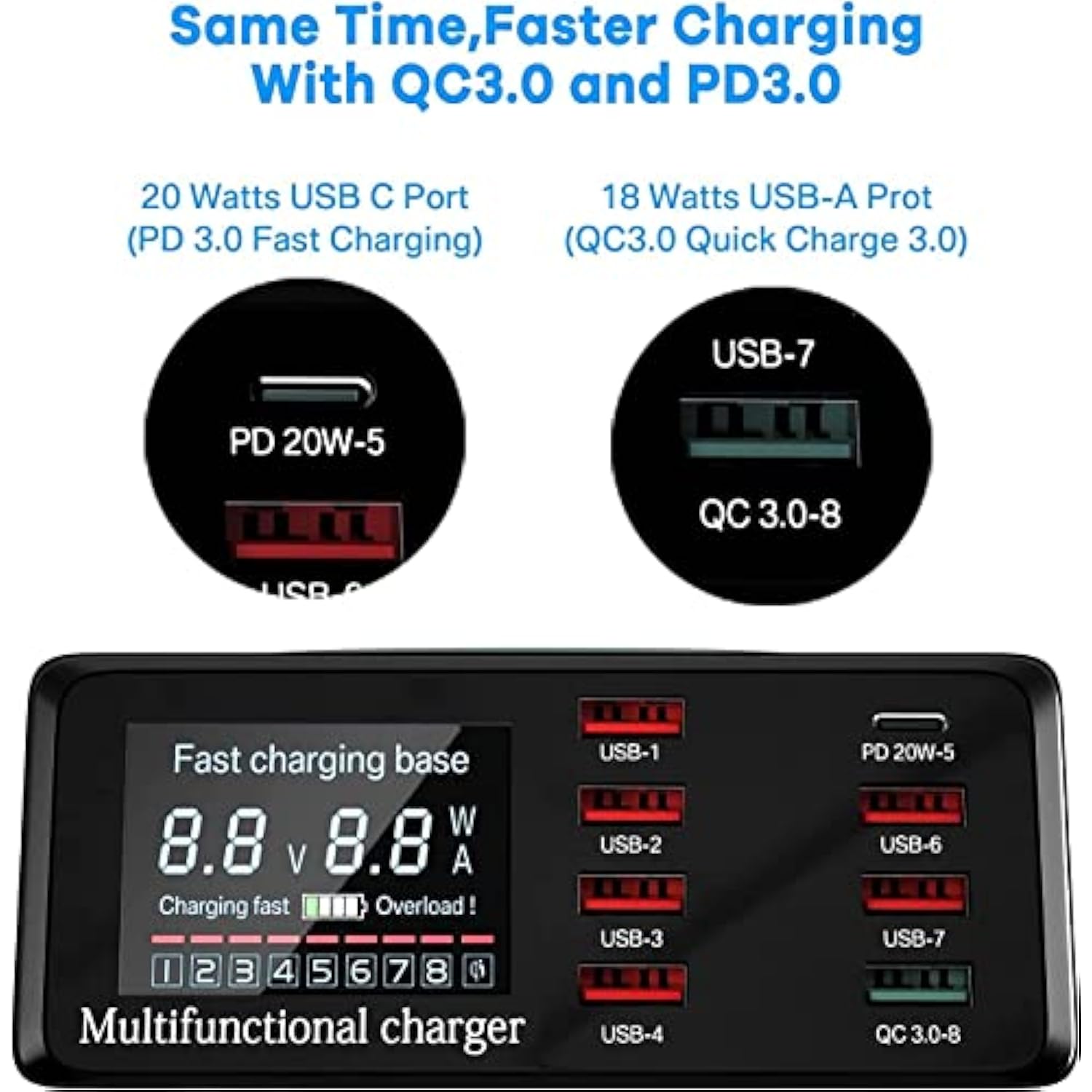 Usb Charger Hub 100W 8-Port Desktop Multiple Usb Charging Station With Pd Port, Quick Charge 3.0 Usb Port, Wireless Charger, Lcd Display Fast Usb C Charger For Iphone 12, Tablet And More