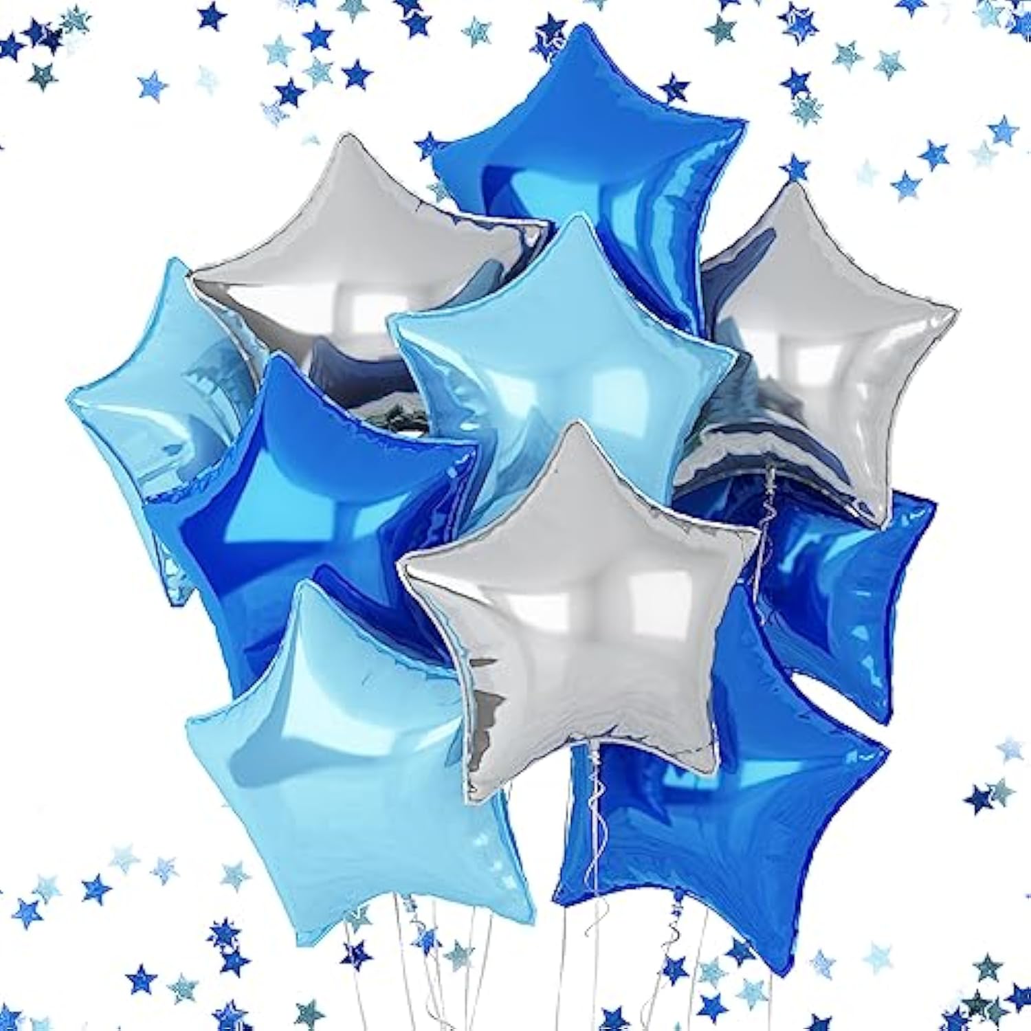 10pcs Blue & Silver Star Foil Balloons – 18" Helium Balloons for Birthday and Party Decor
