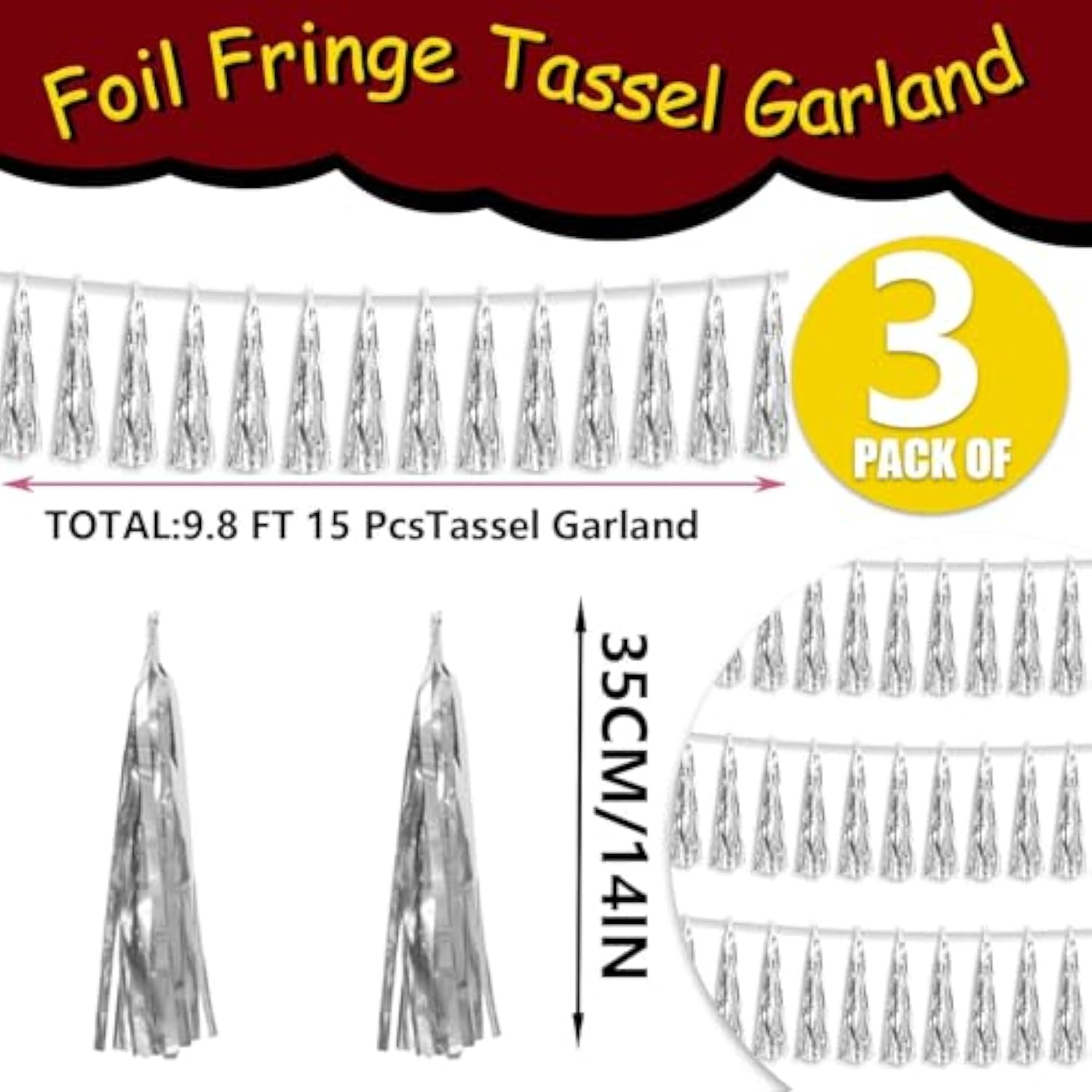 3P Metallic Fringe Tassel Banner Garland Foil Tinsel Streamer Wall Hanging Curtain Backdrop Banners For Parade Floats,Graduation Decorations, Christmas, Wedding Party Decoration(Silver)