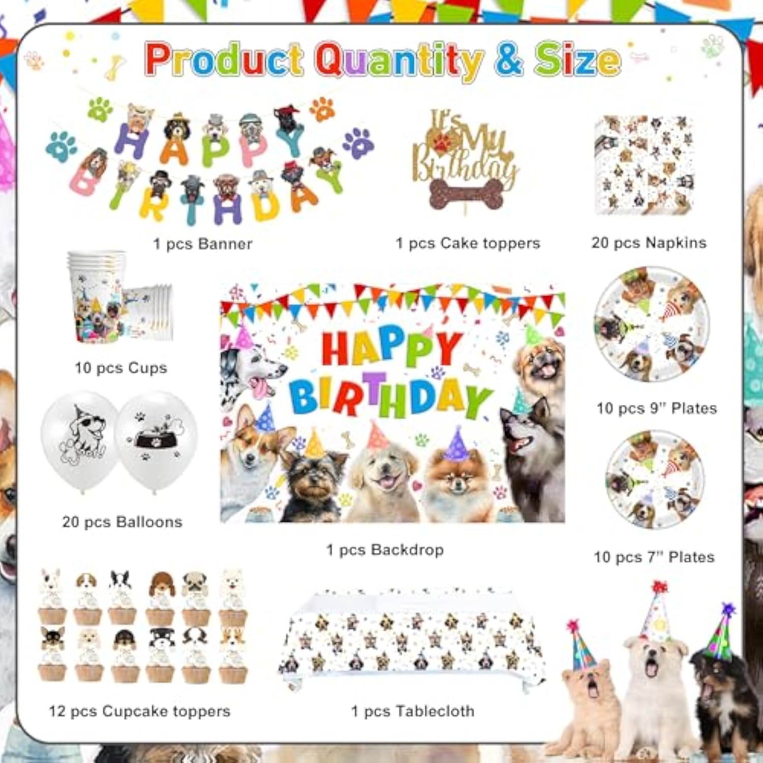 102 Pcs Dog Themed Birthday Kit Paw Print Balloons, Plates, Banner & More for 20 Guests