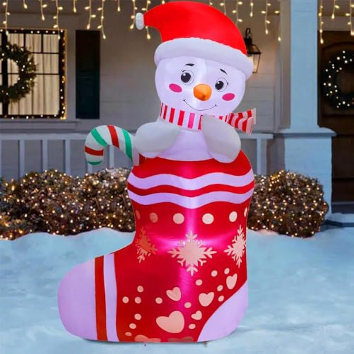 Christmas Inflatables Outdoor Decorations, 5Ft Inflatable Snowman In Xmas Stocking, Lighted Blow Up Snowman Standing On