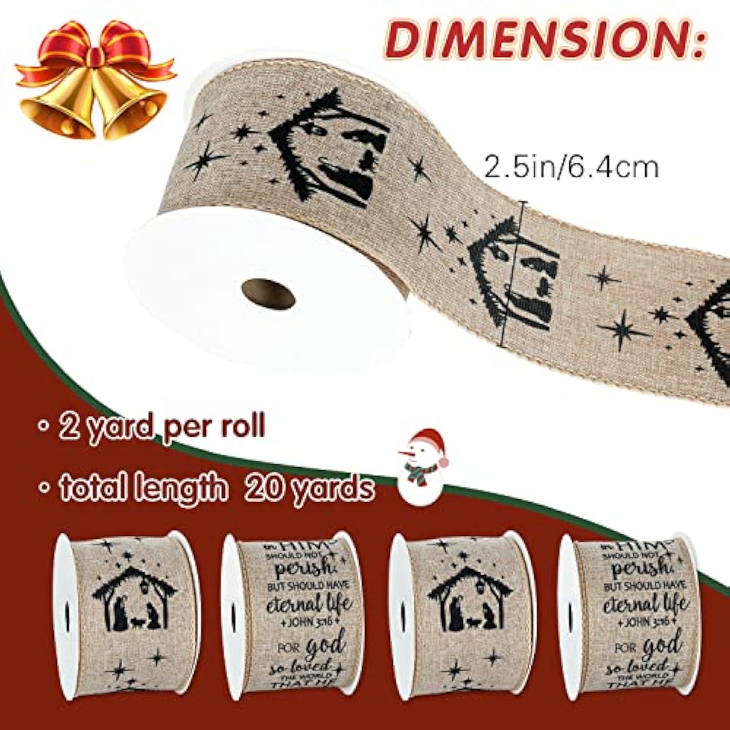 2 Rolls Christmas Jesus Wired Ribbon 2.5 Inch 20 Yard John 3:16 For Go