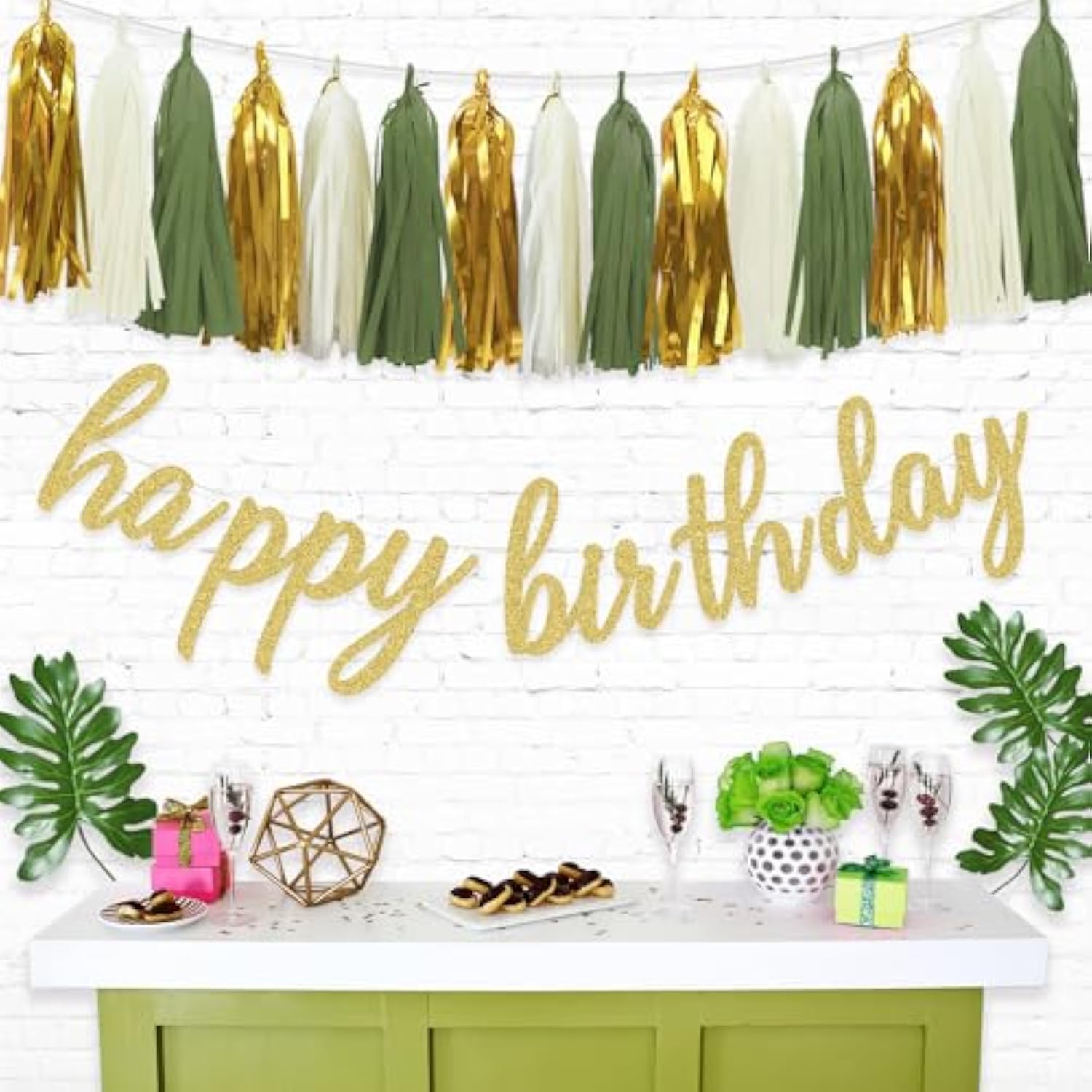 Gold Happy Birthday Banner & Tassel Garland for Sage Green Birthday Party Decorations